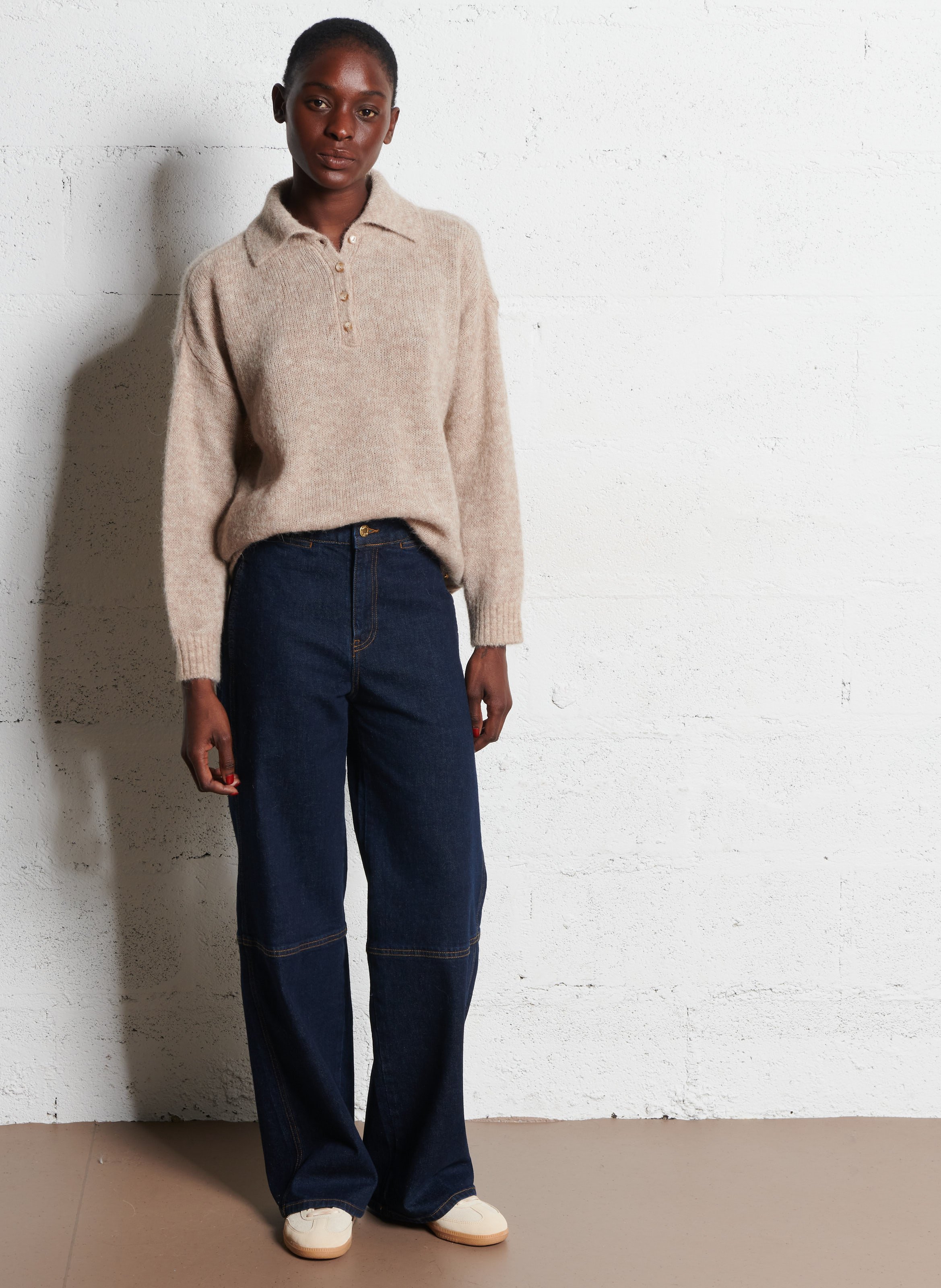 Pull ample col polo en laine mélangée DES PETITS HAUTS Beige