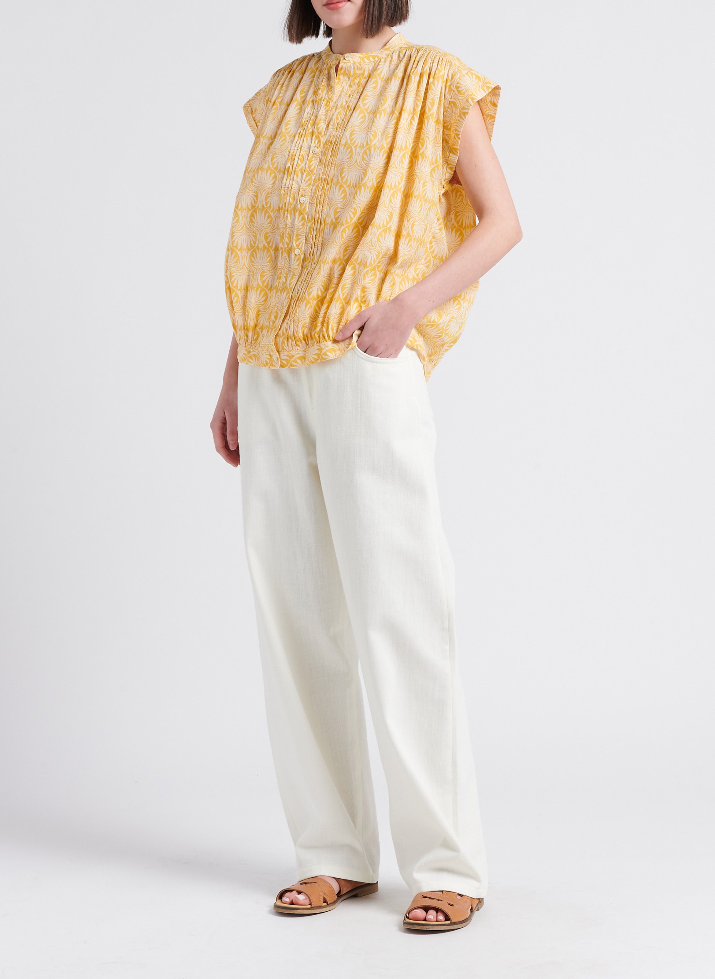 Camisa holgada de algodón con cuello mao ATTIC AND BARN Amarillo