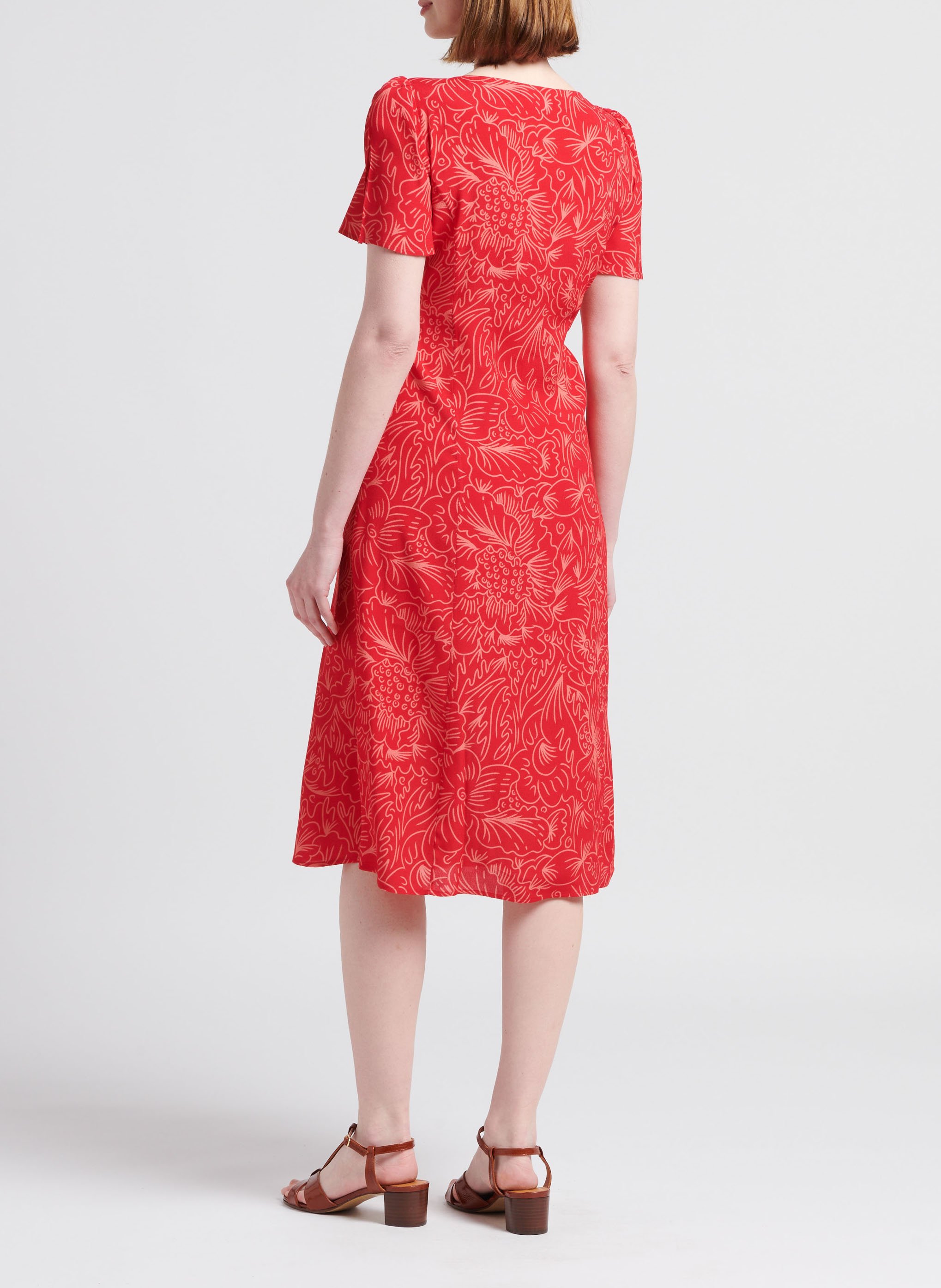 Halflange, getailleerde jurk met bloemmotief SOI PARIS Rood