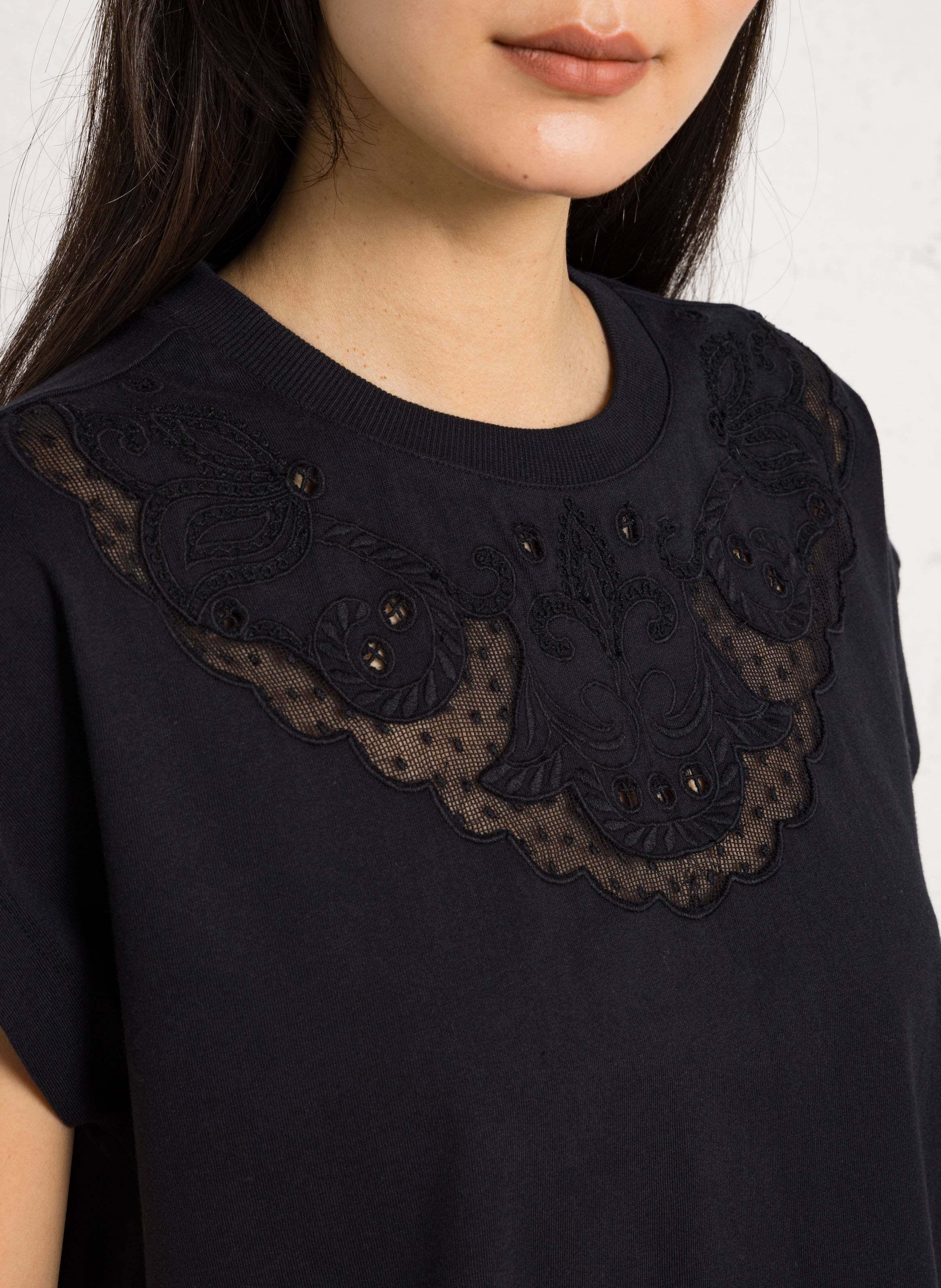 Tee-shirt ample col rond brodé en coton LOUISE MISHA Noir