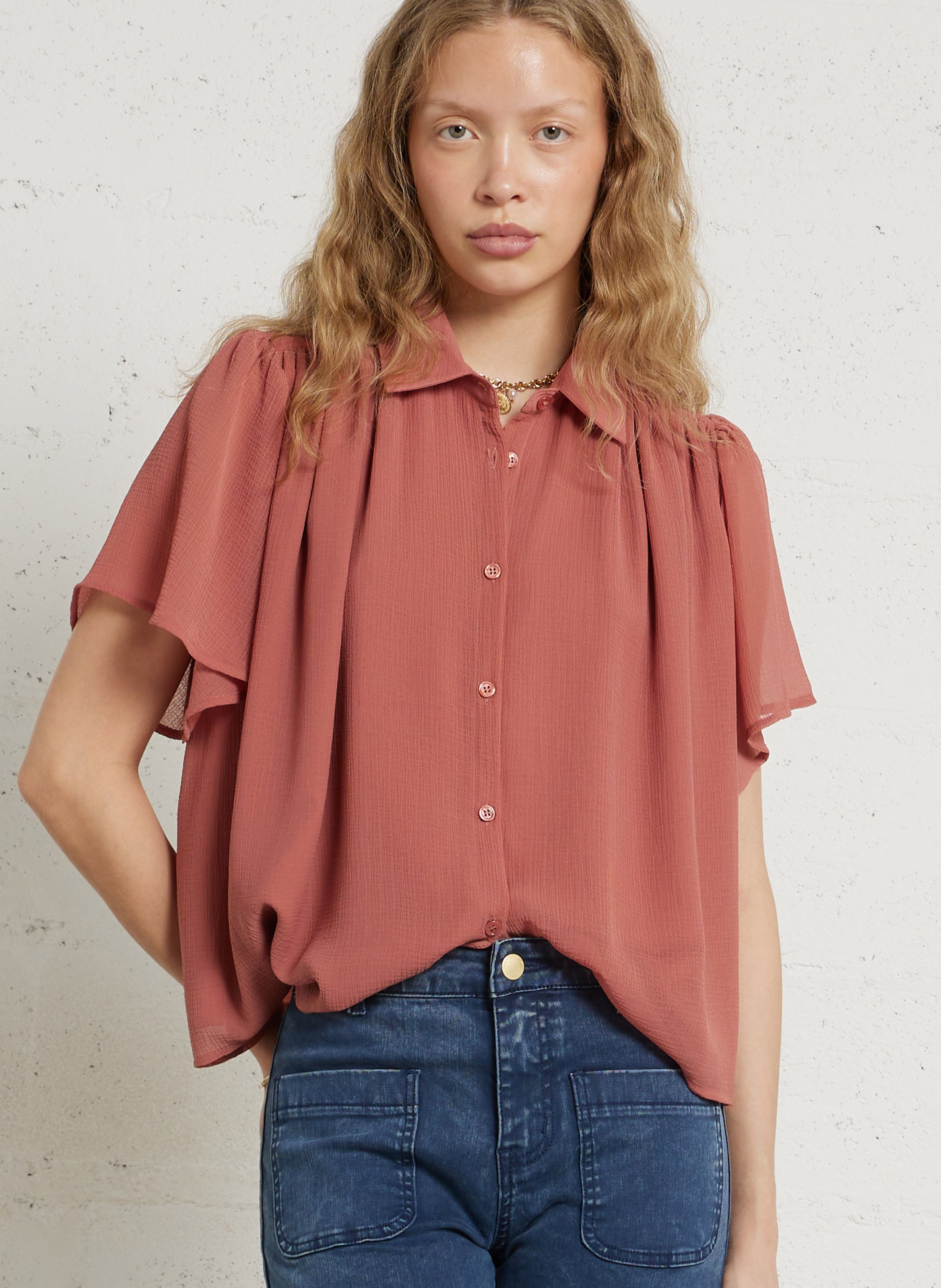 Wijd uitlopende effen blouse van gestructureerde stof LA PETITE ETOILE Roze