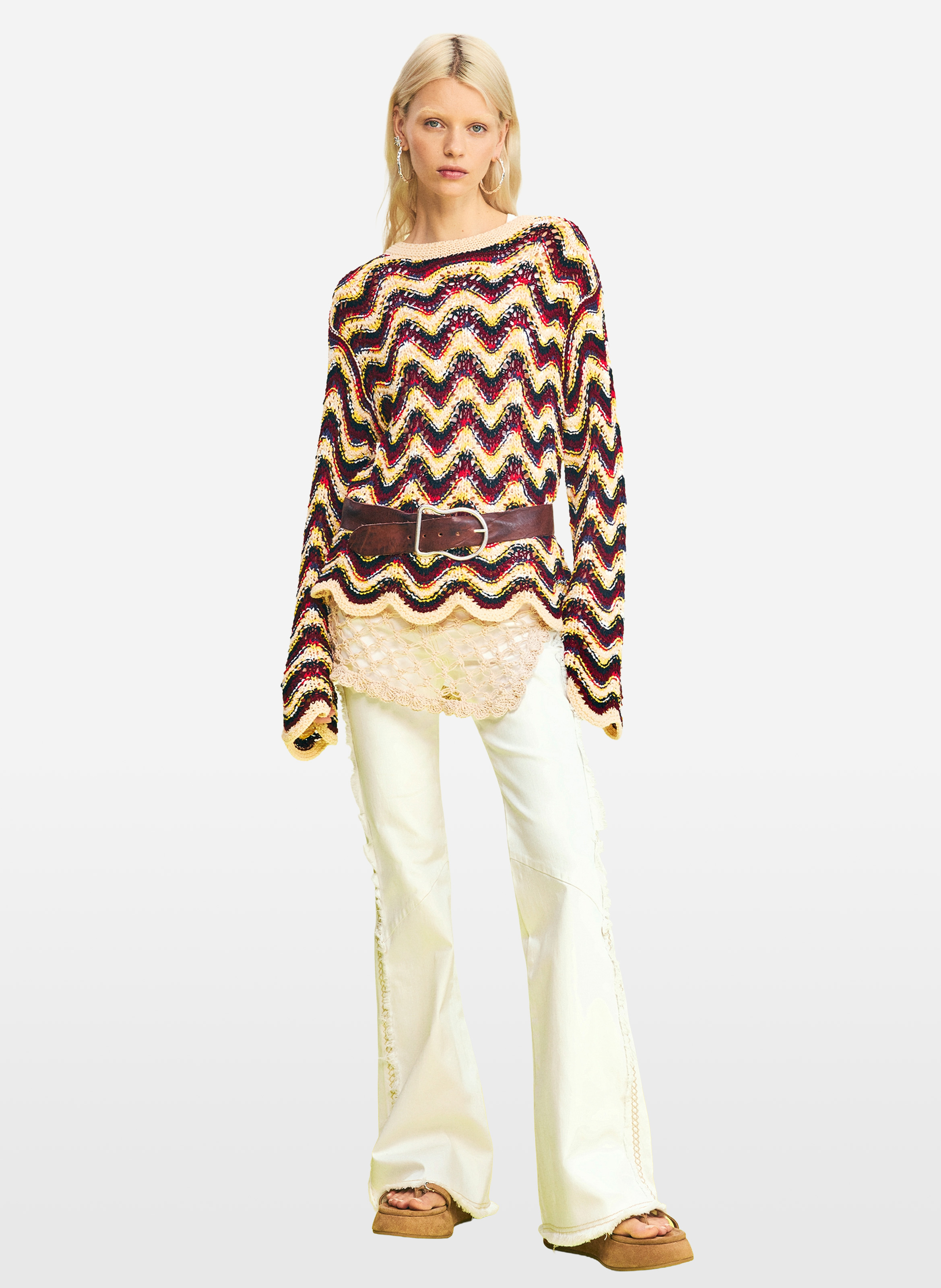 Pull ample col bateau en crochet DESIGUAL Vert