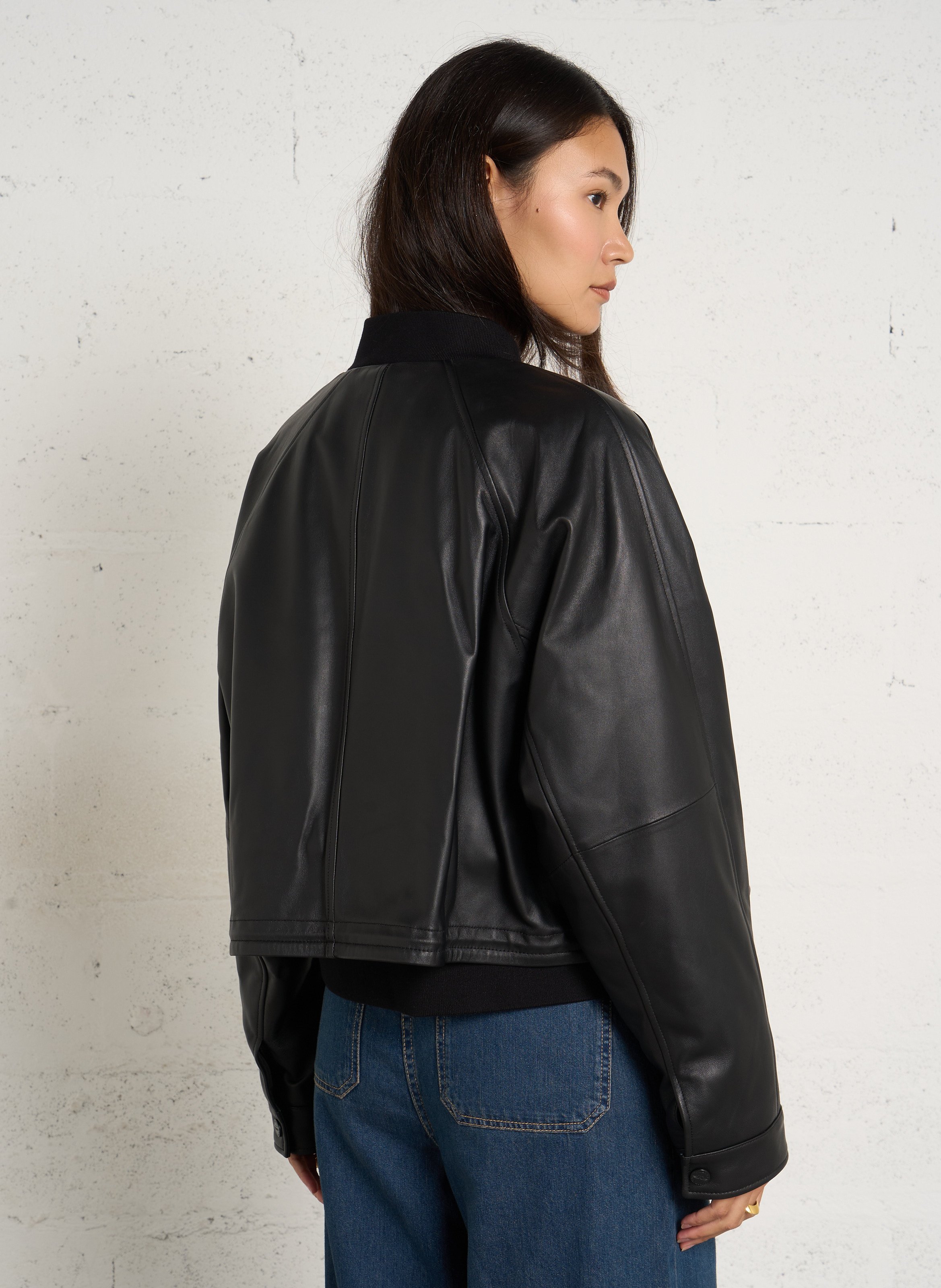 Rechte leren jas met oversized mouwen BOMBERS ORIGINAL Zwart