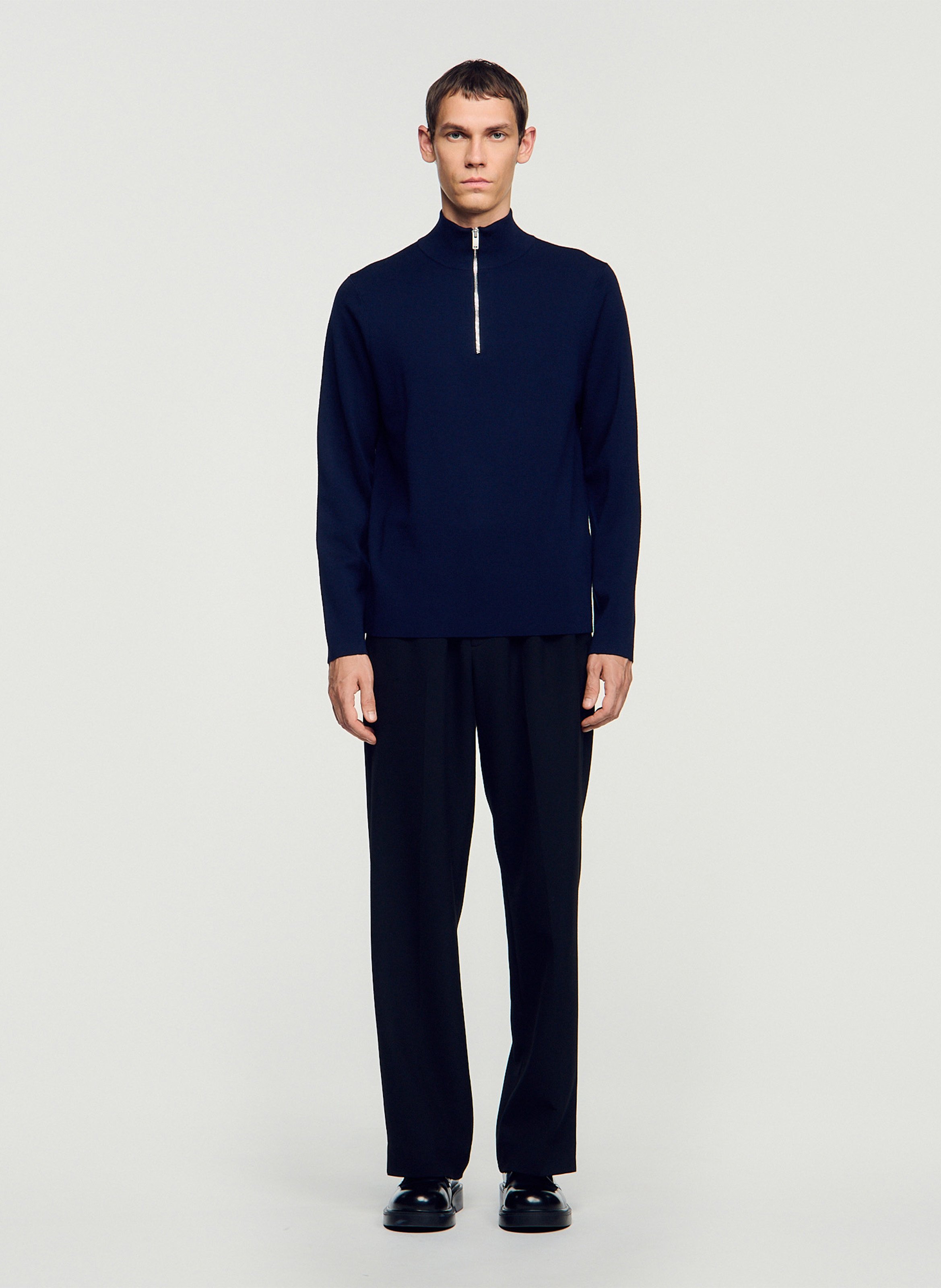 Gerade geschnittener Wollpullover mit Stehkragen und Reißverschluss SANDRO Blau