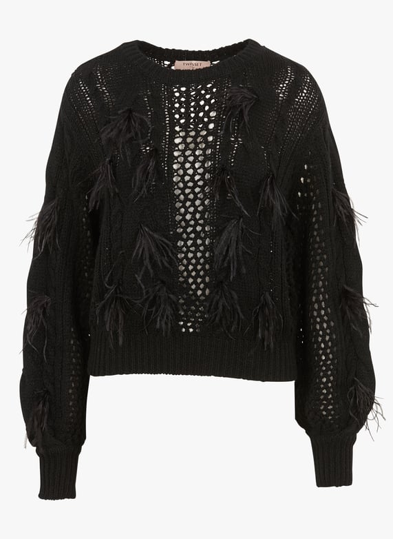 Pull col rond plumes intΓ©grΓ©es Noir Twinset Femme Place des