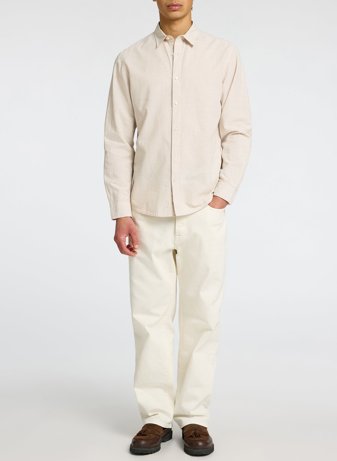 Oversized cotton and linen-blend shirt with classic collar Beige