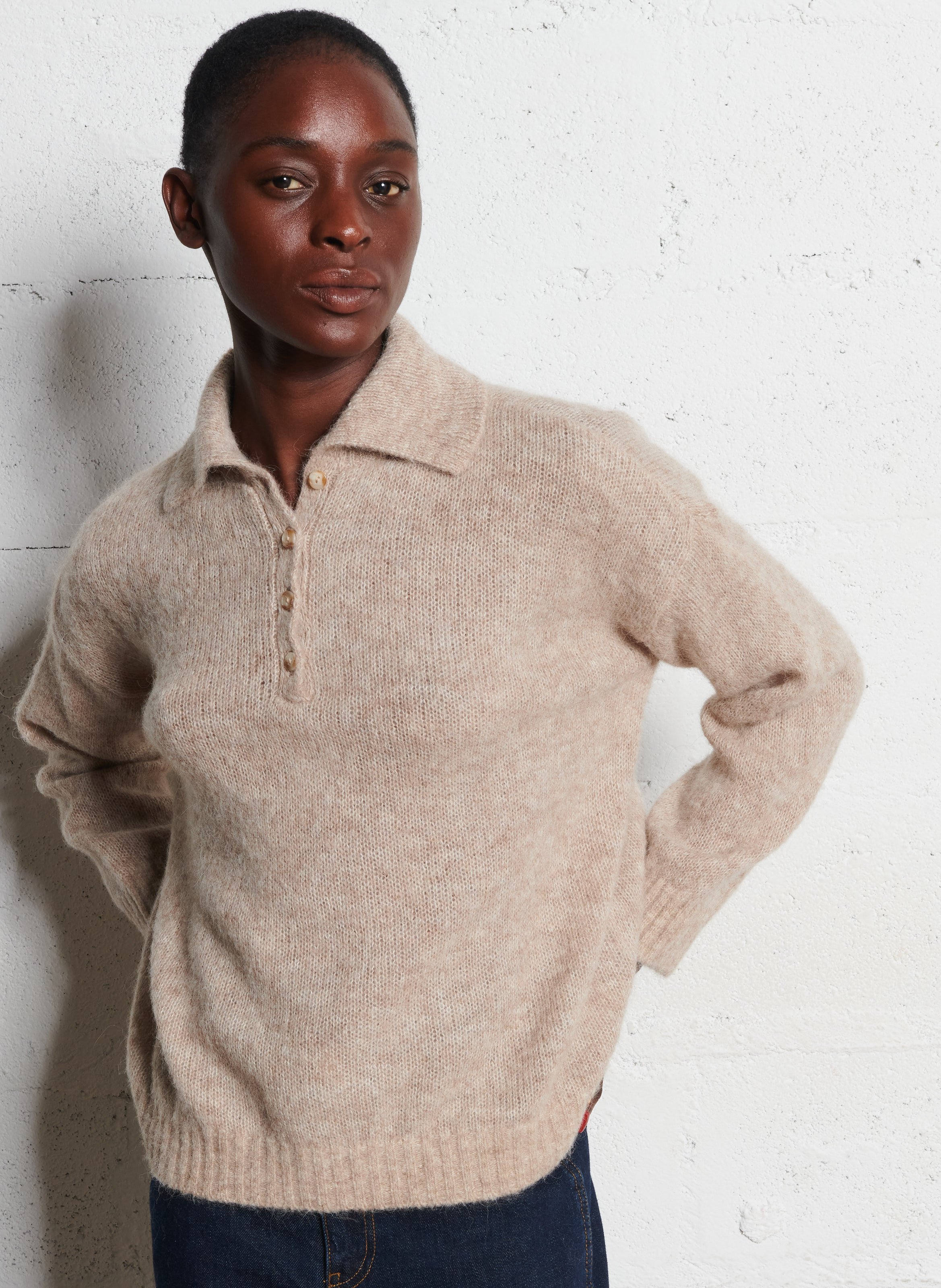 Pull ample col polo en laine mélangée DES PETITS HAUTS Beige