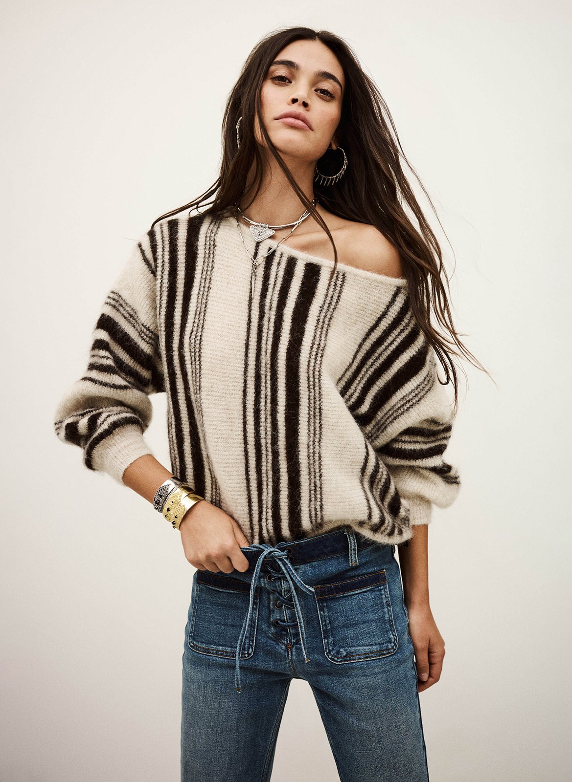 Asymmetrische trui met boothals - wolblend BA&SH Bruin