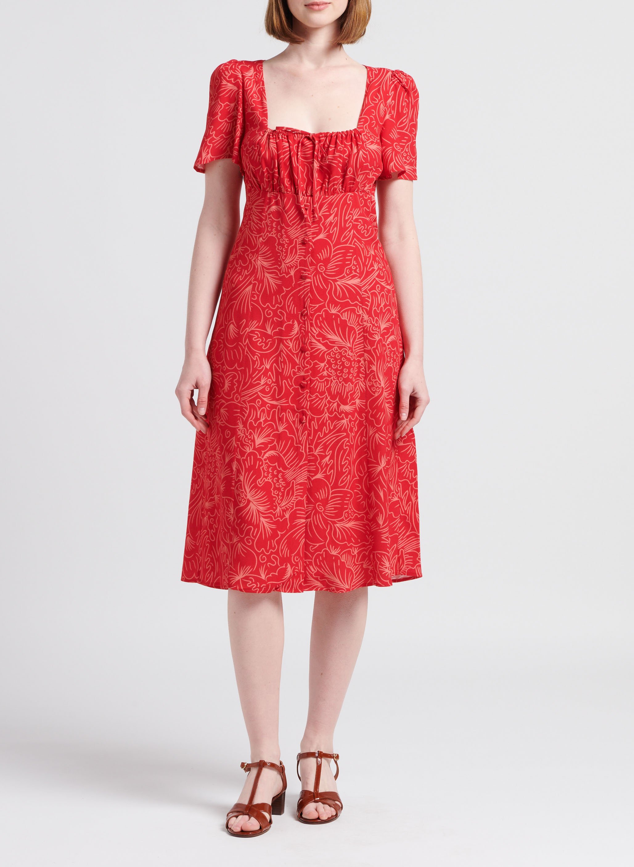 Halflange, getailleerde jurk met bloemmotief SOI PARIS Rood