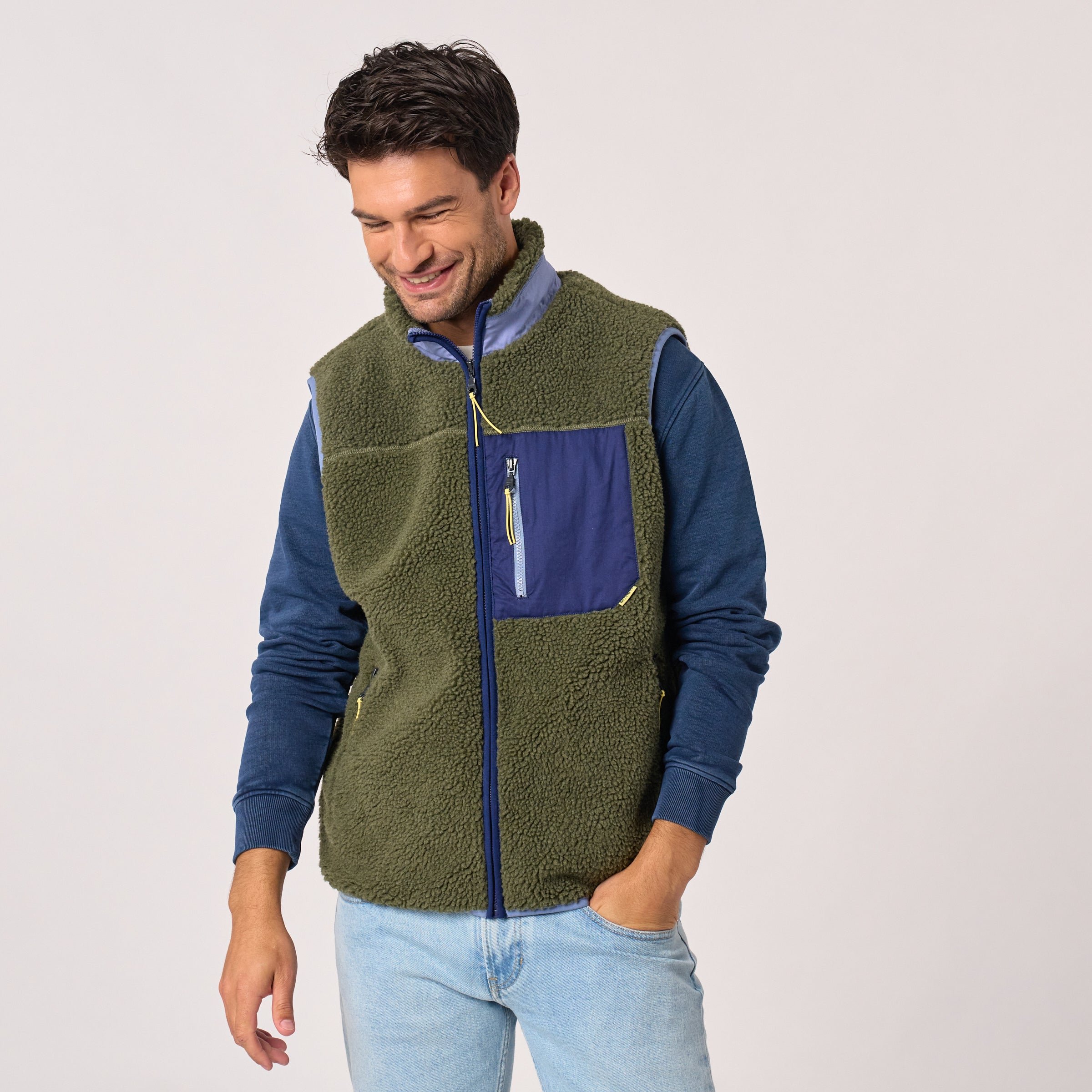 Sleeveless Sherpa Zip-Up Vest Khaki