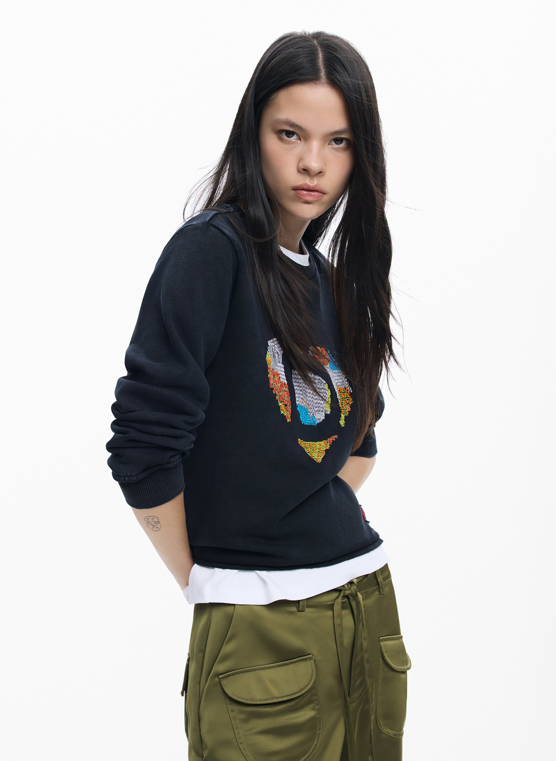 Sweat col rond en coton DESIGUAL Noir