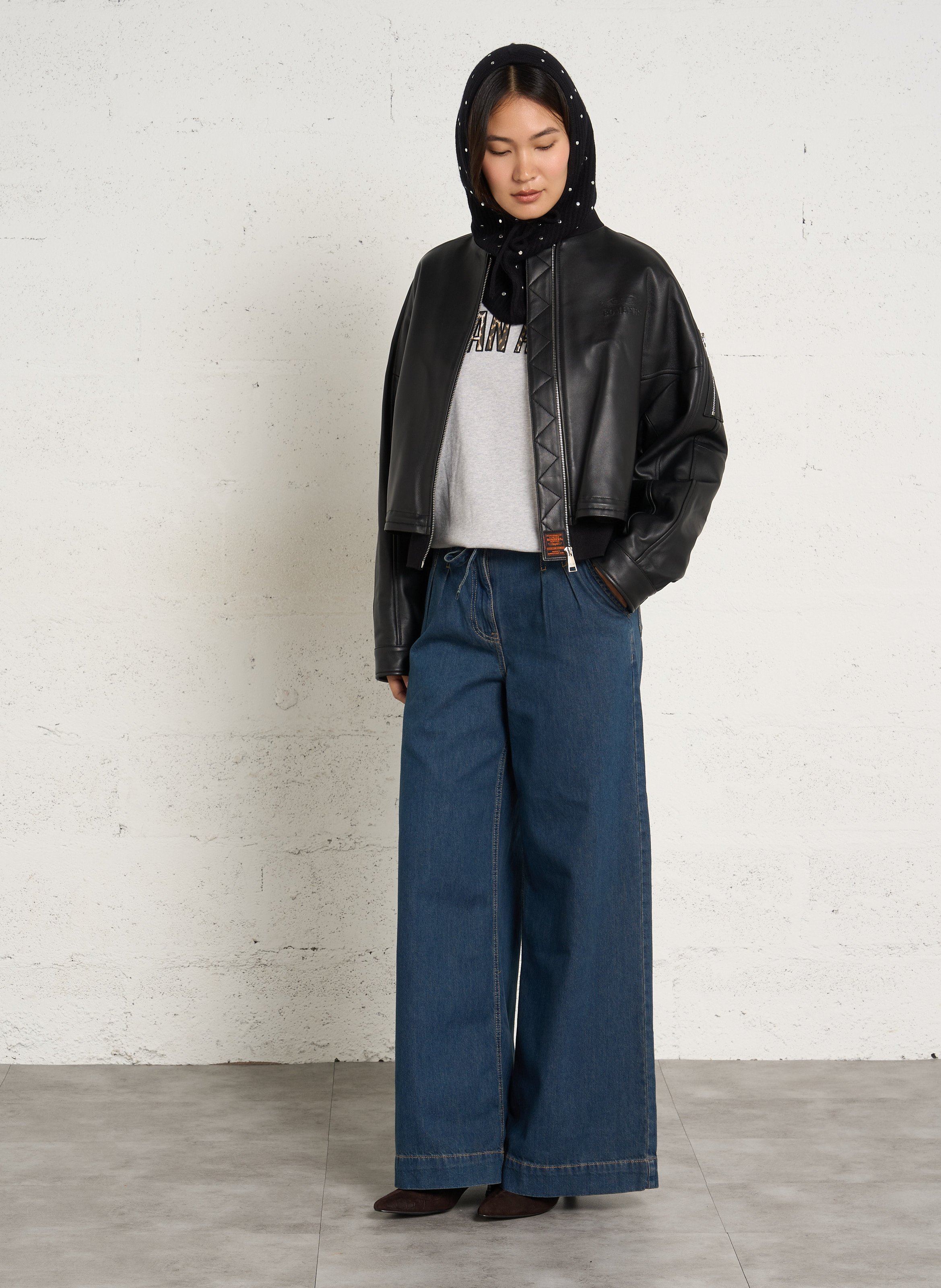 Rechte leren jas met oversized mouwen BOMBERS ORIGINAL Zwart