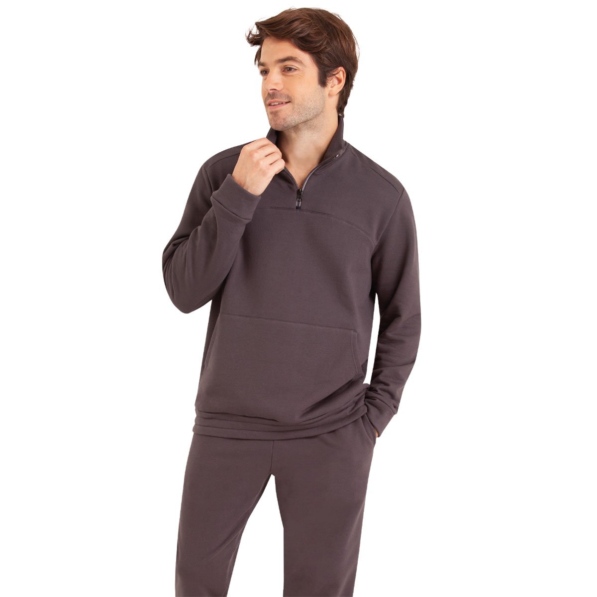 Men's long open-collar interlock pajamas by Eminence EMINENCE Grey