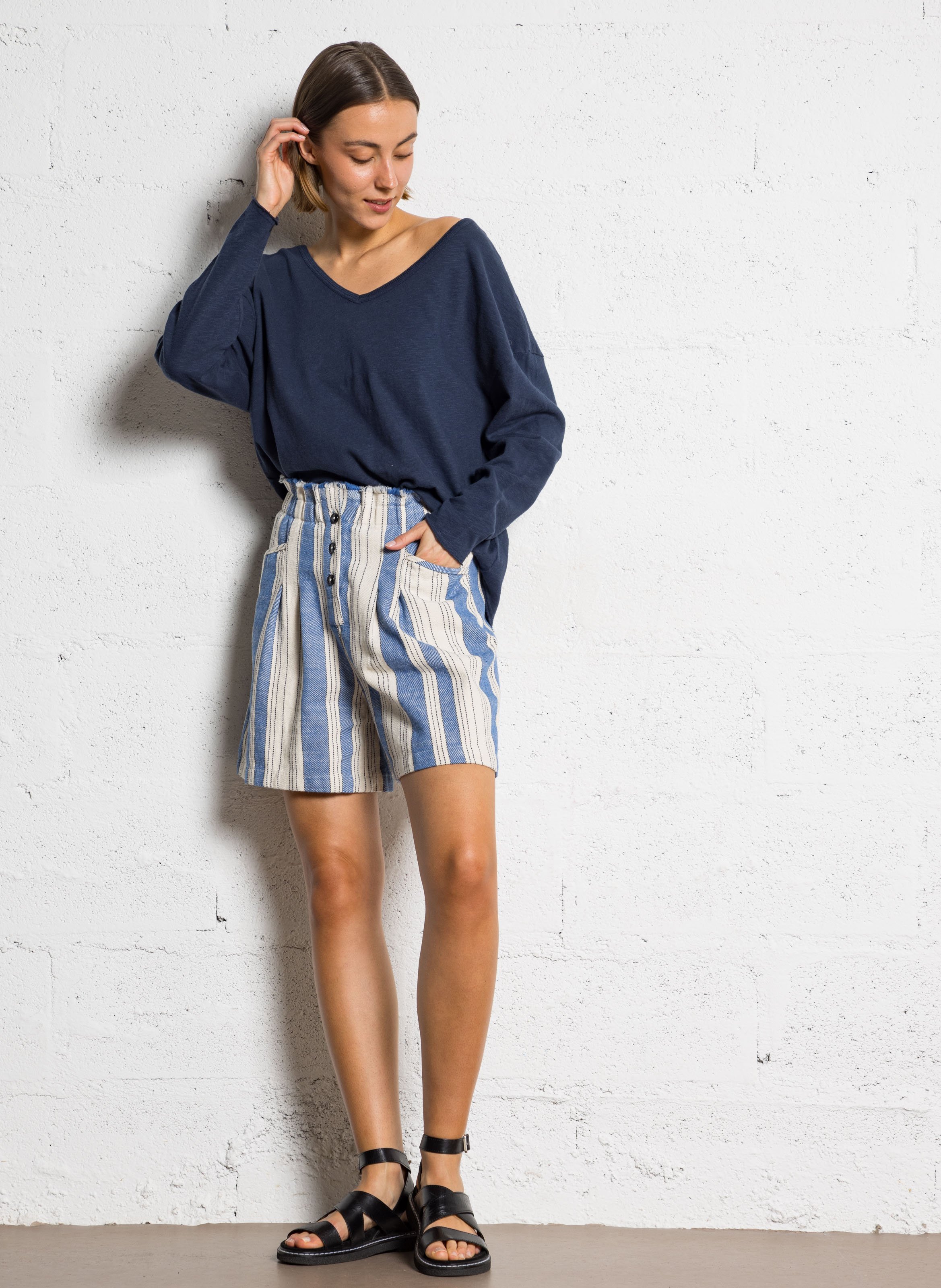 Short droit en coton mélangé rayé BELLEROSE Bleu