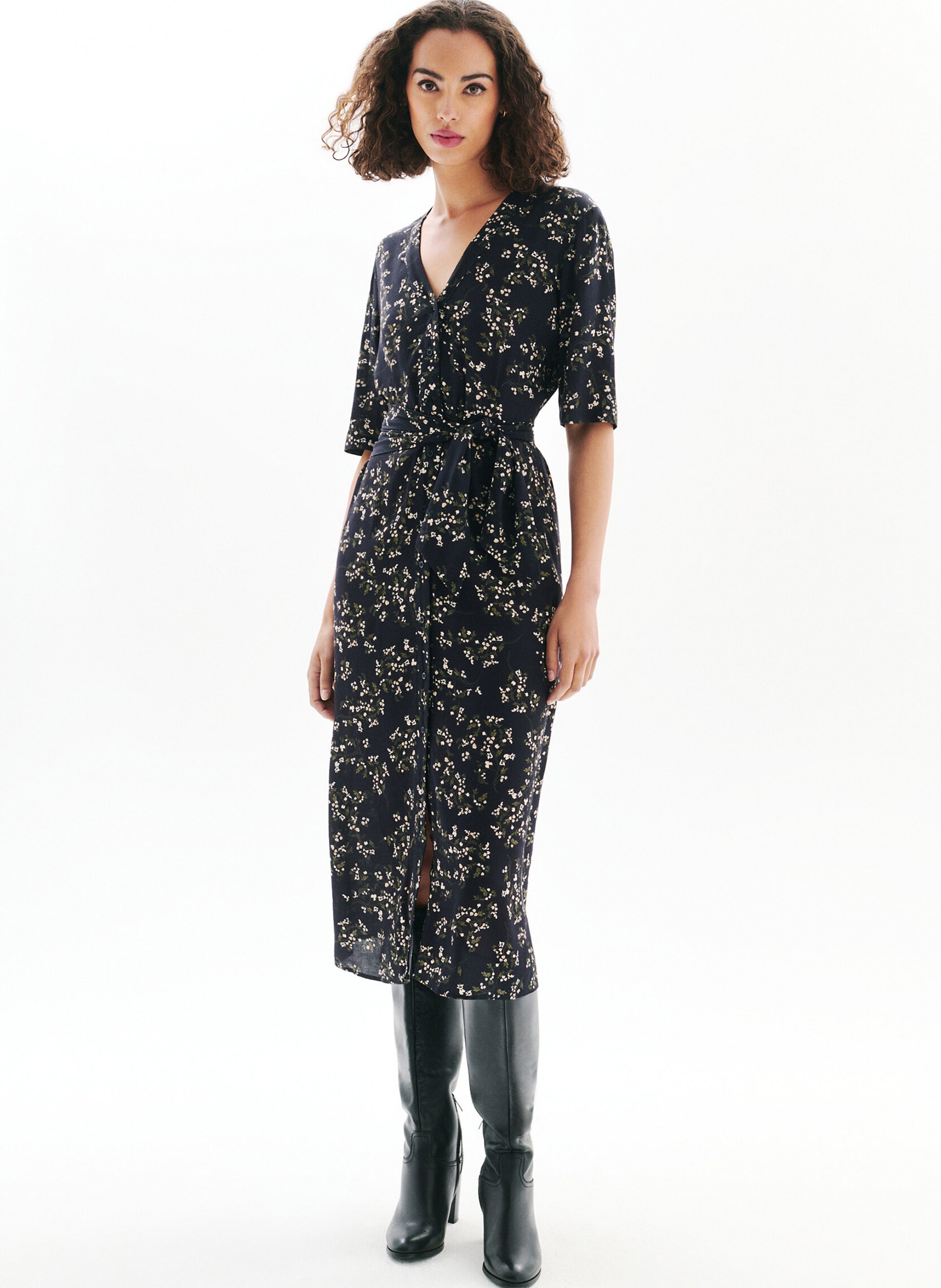 Lange jurk met V-hals en print CAROLL Black