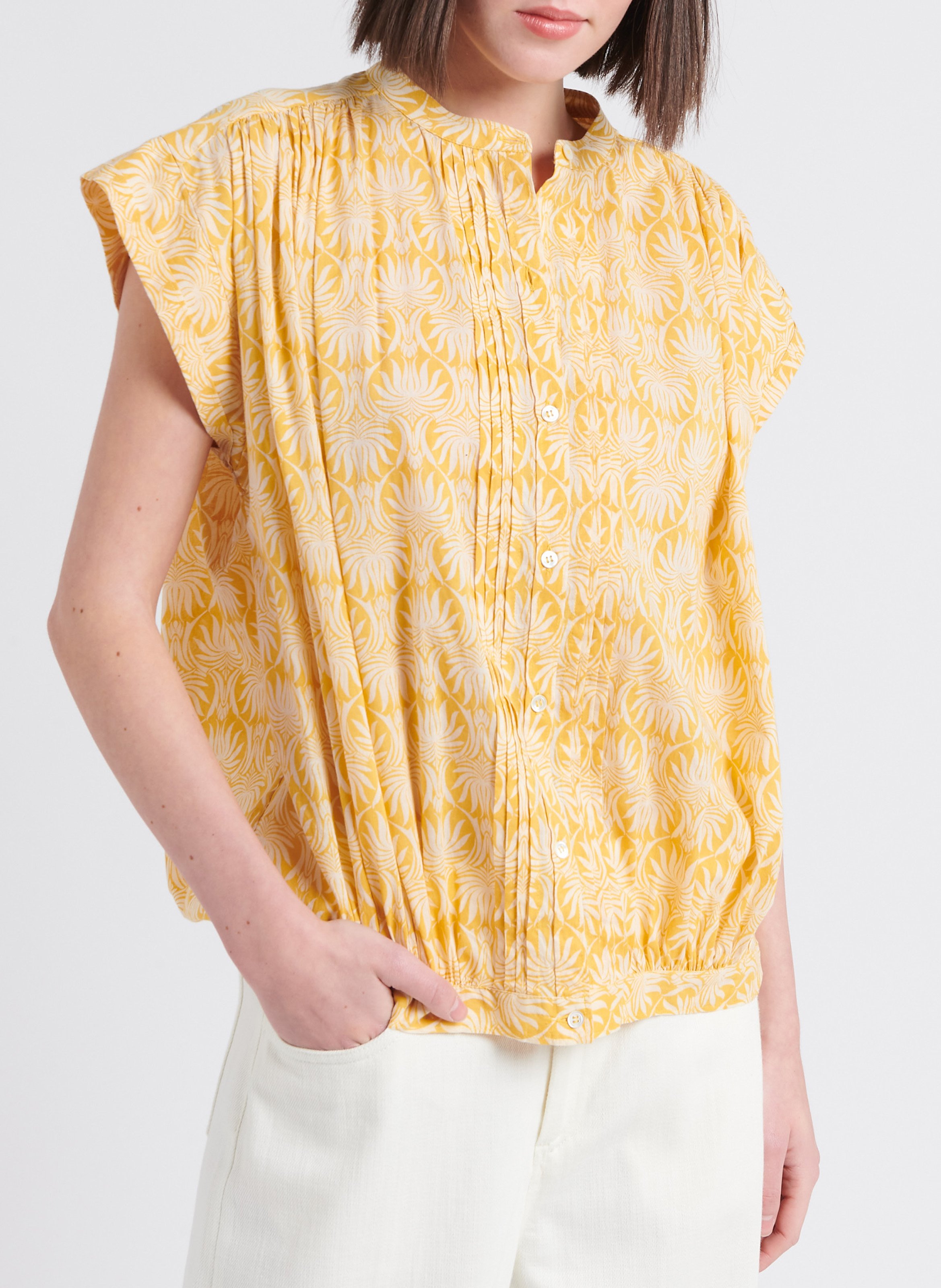 Camisa holgada de algodón con cuello mao ATTIC AND BARN Amarillo