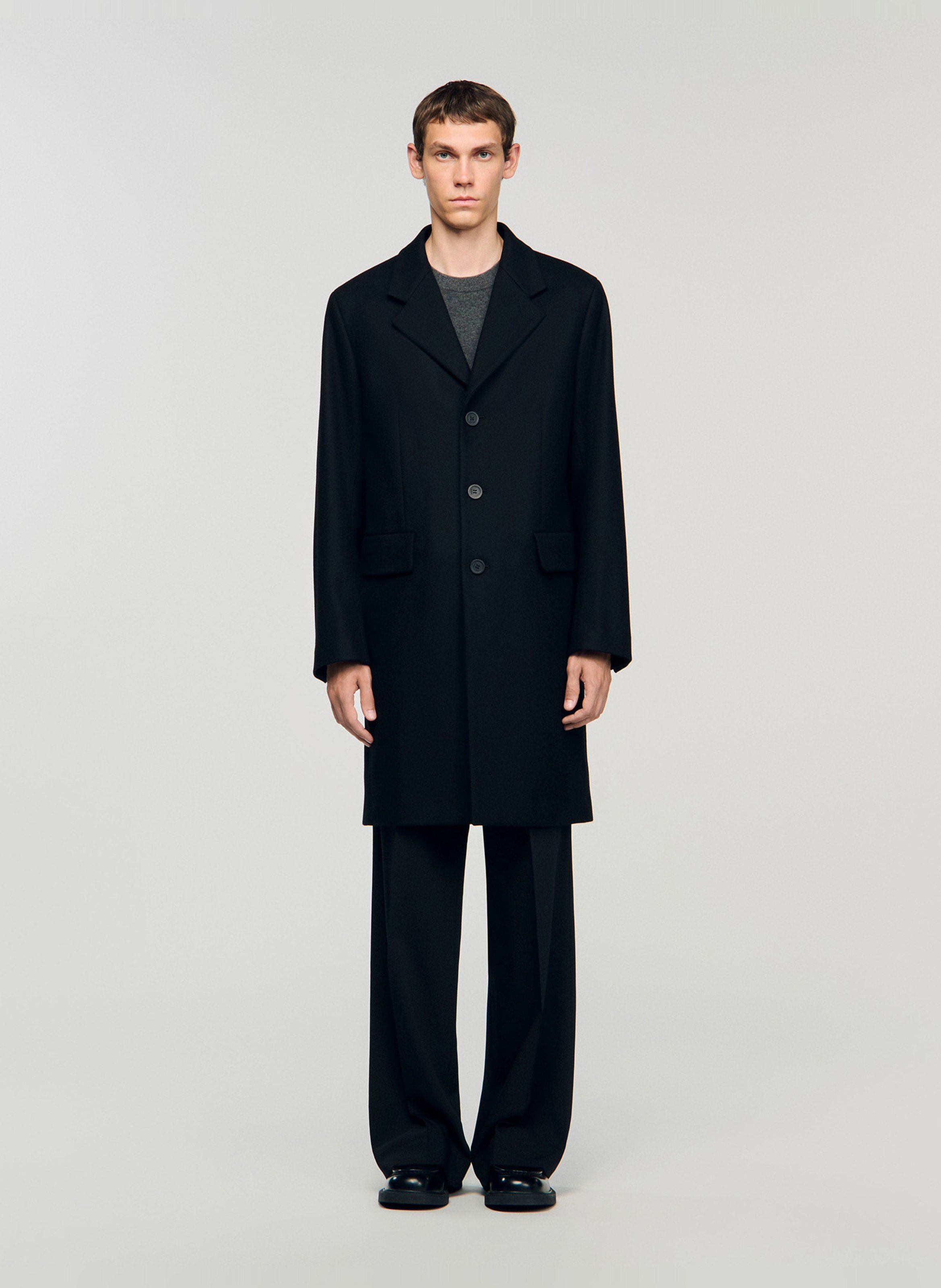 Manteau droit col tailleur en laine mélangée SANDRO Noir