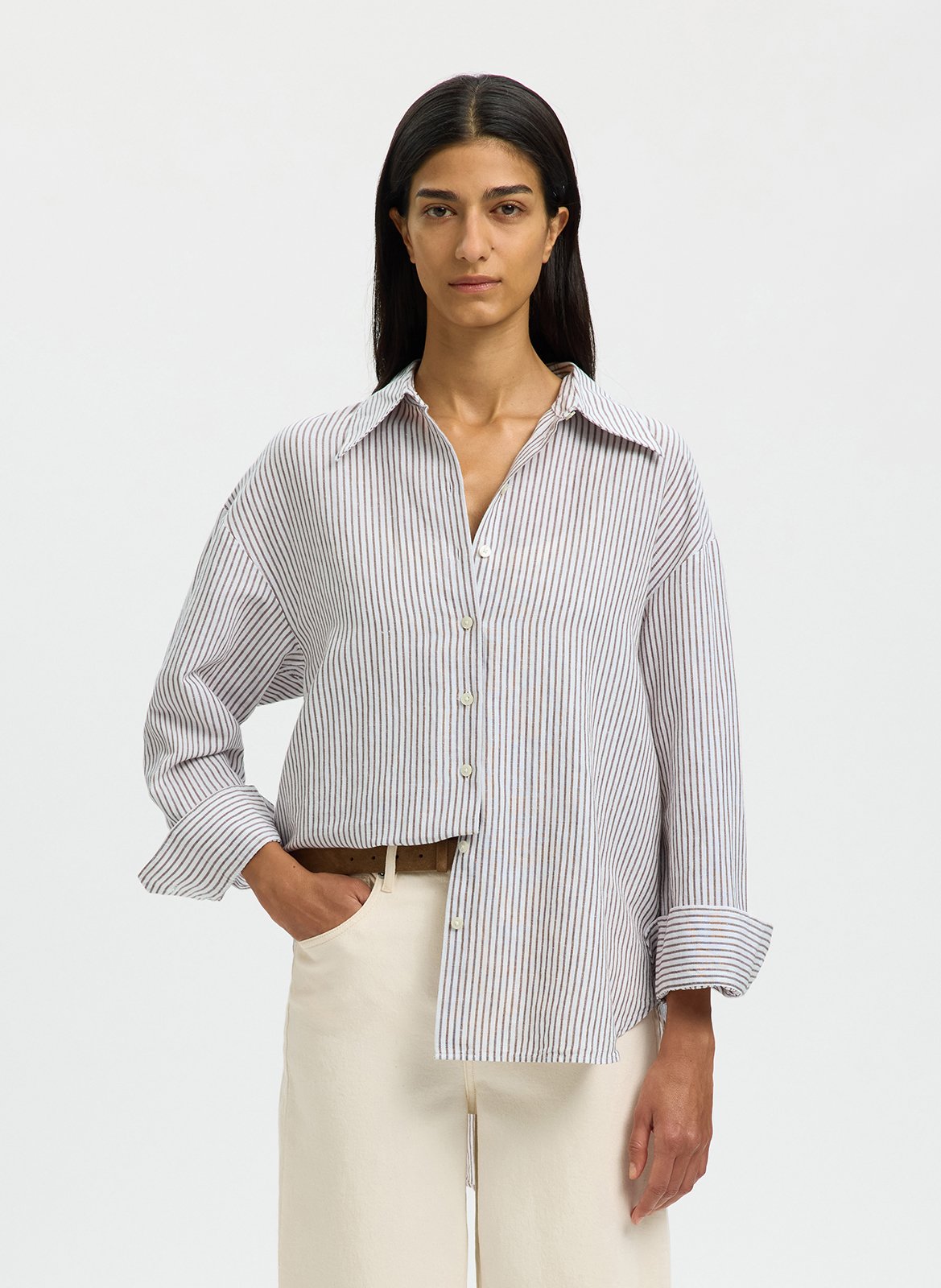 Oversized shirt with classic collar in striped blended linen SELECTED White