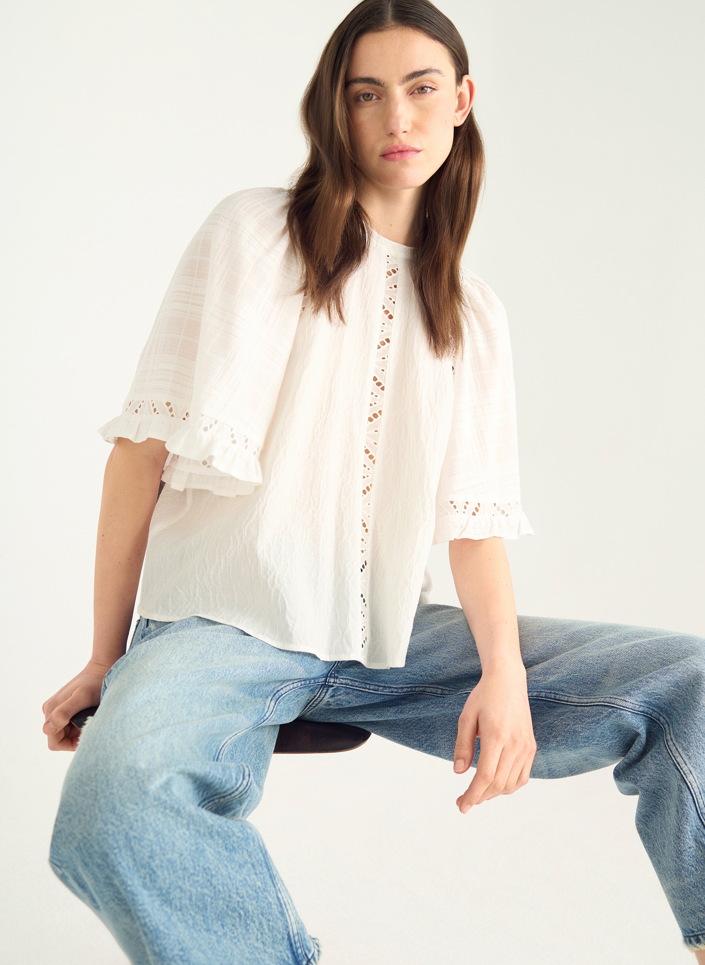 Top manches courtes papillon broderie COTELAC ACOTE Blanc