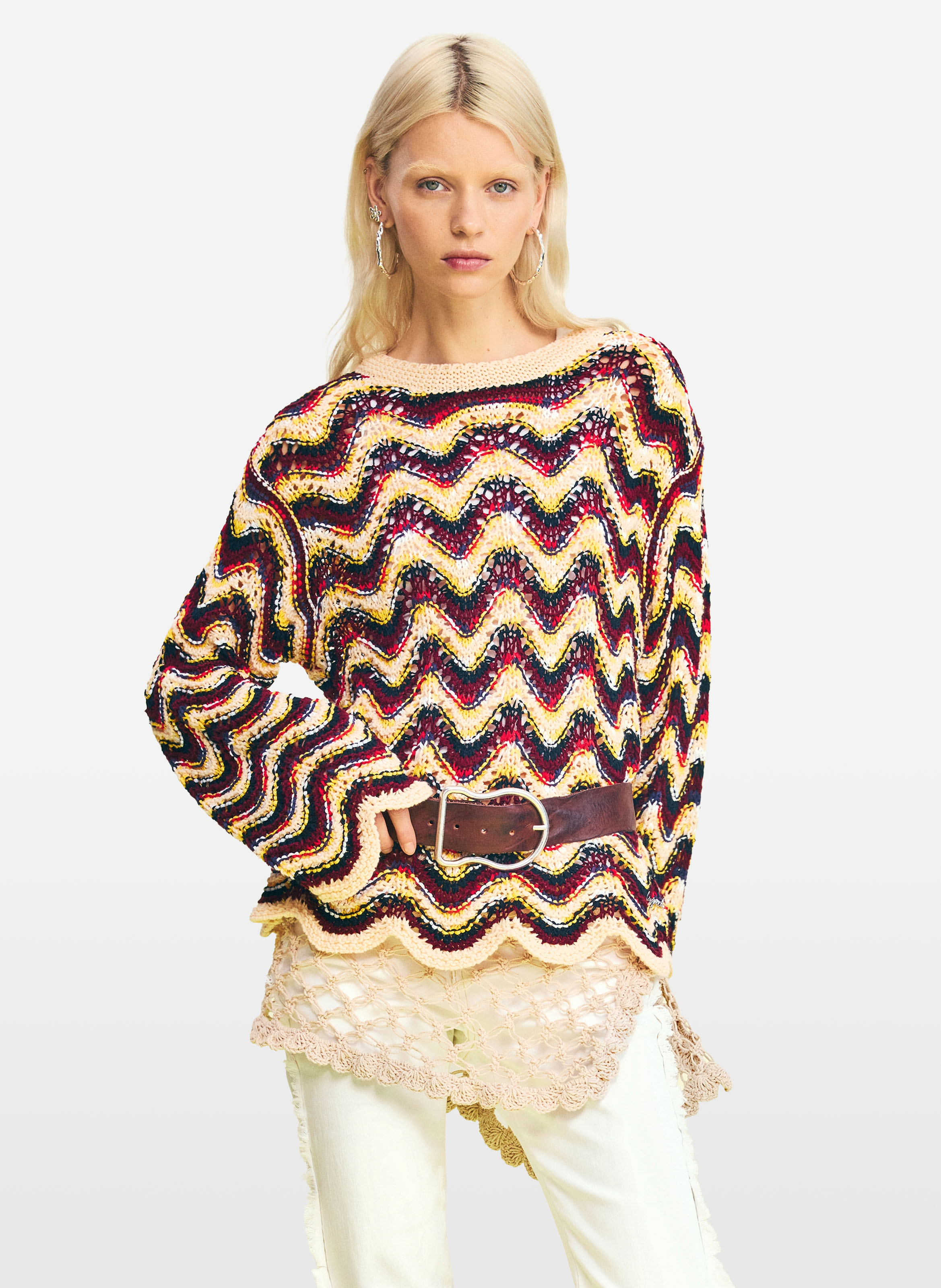 Pull ample col bateau en crochet DESIGUAL Vert