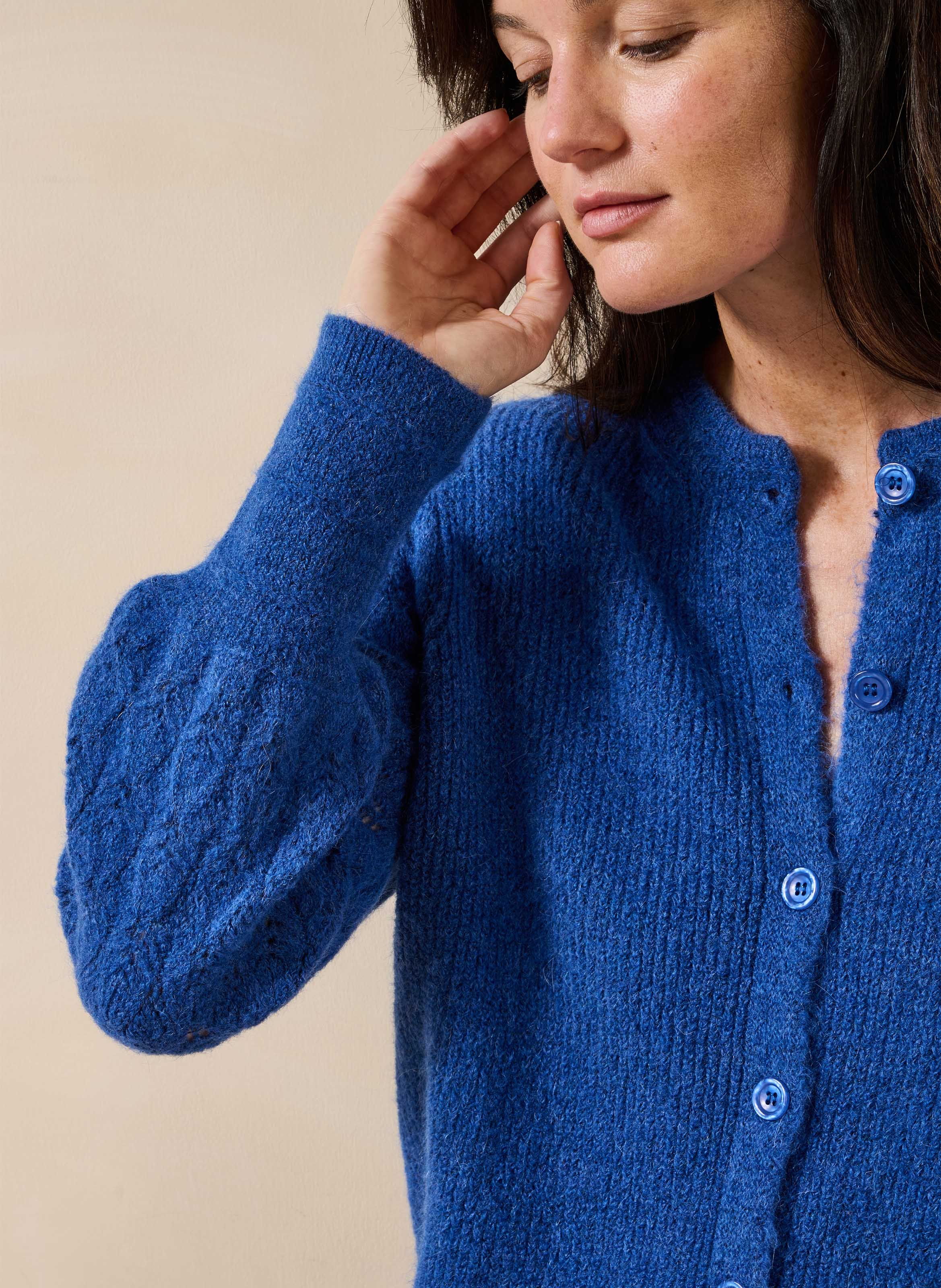 Loose-fit mixed-knit cardigan with round neck LA FEE MARABOUTEE Blue