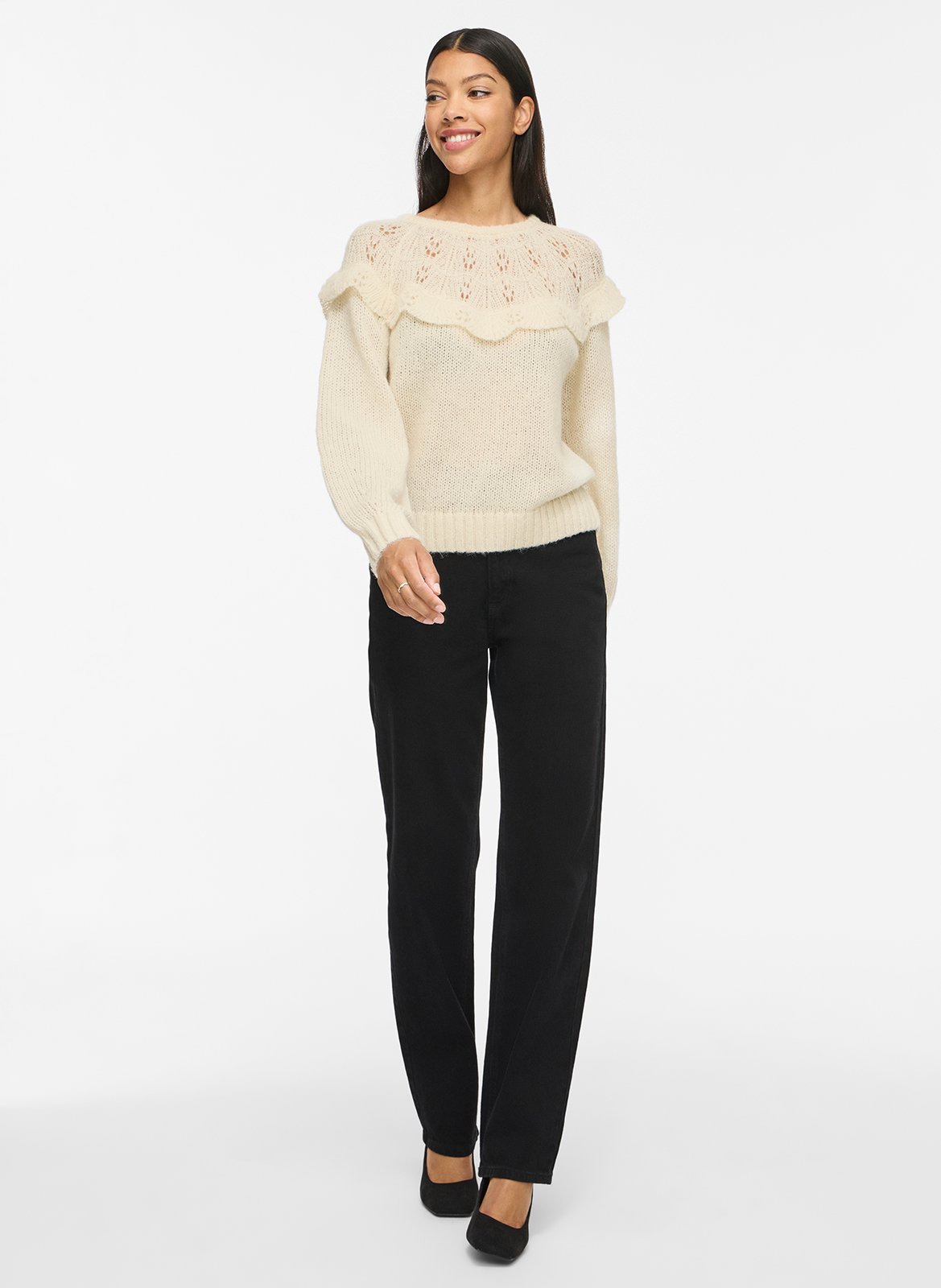Pull col rond droit uni à volants VILA Beige