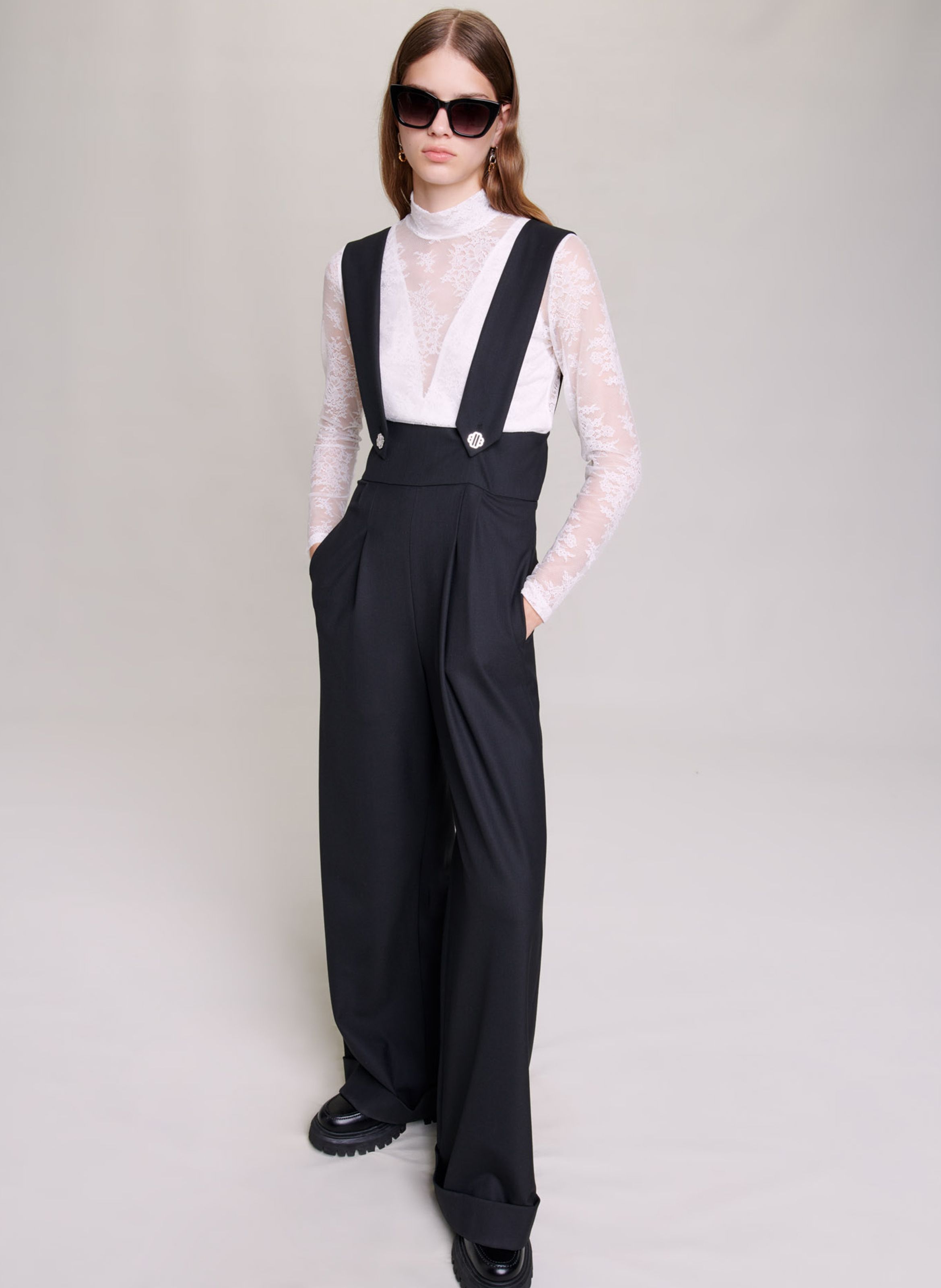 Black Wide-leg high-waisted pants with suspenders