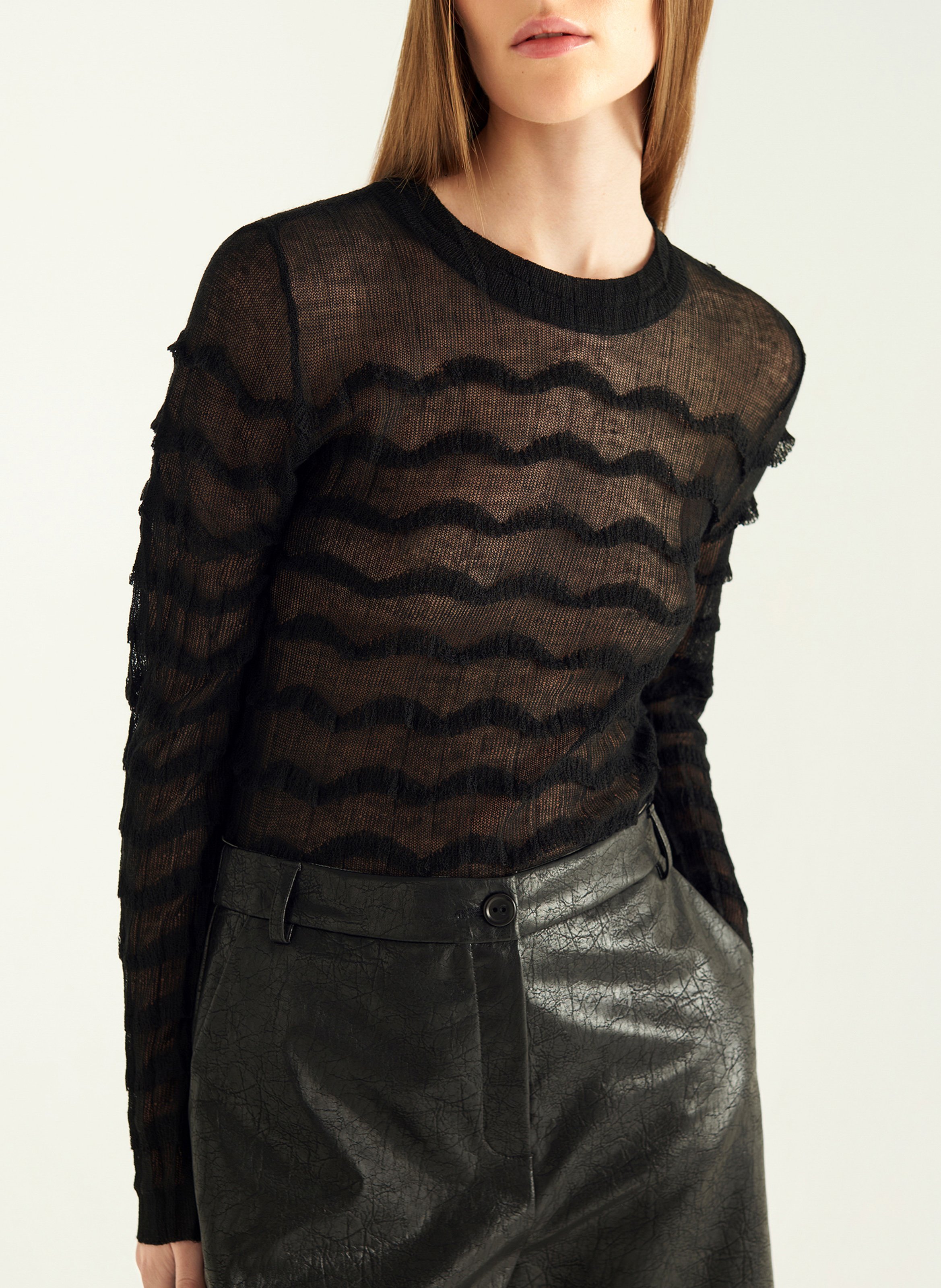 Pull col rond volanté en maille fine COTELAC Noir