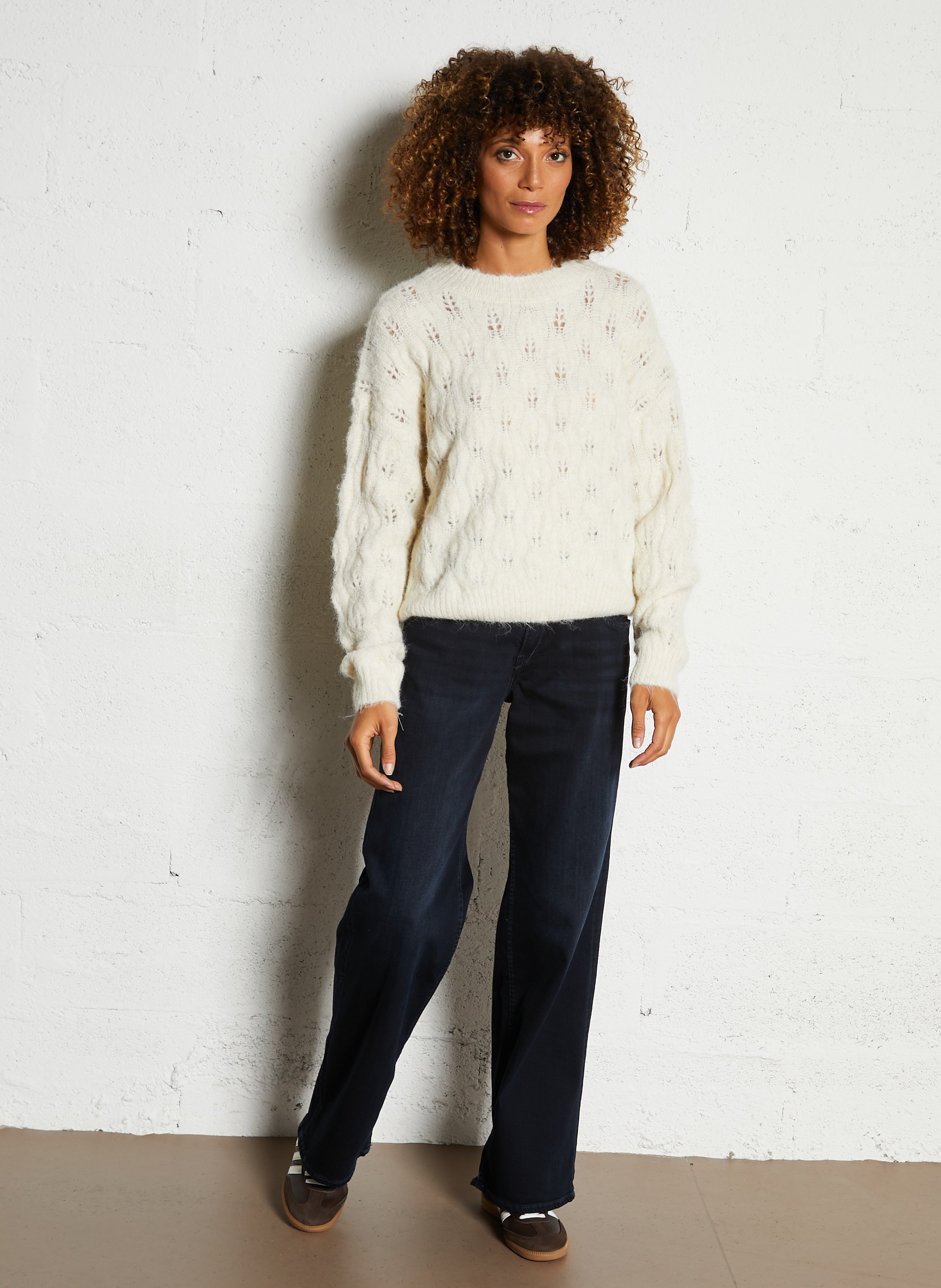 Pull ample col rond en maille ajourée SEE U SOON Beige