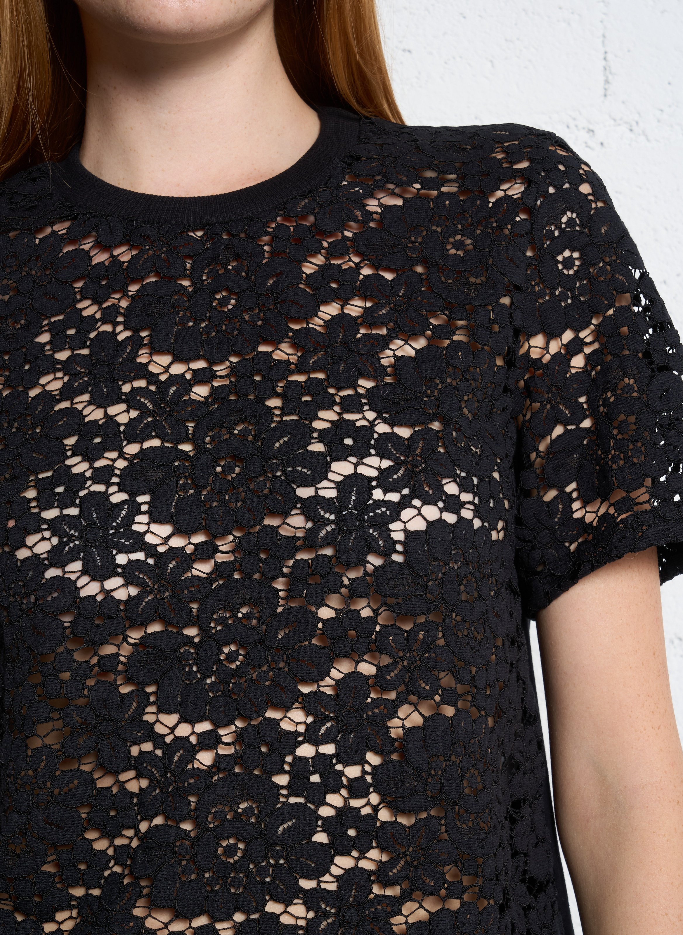 Round-neck lace T-shirt PLEASE Black