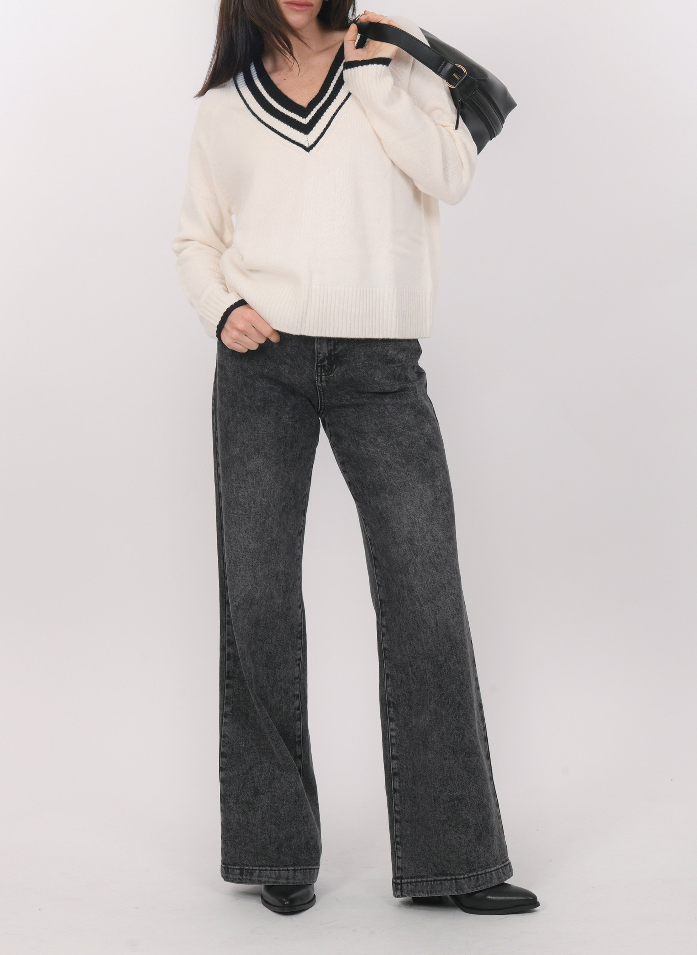 Pull oversize col V en laine et cachemire KOOKAI Blanc