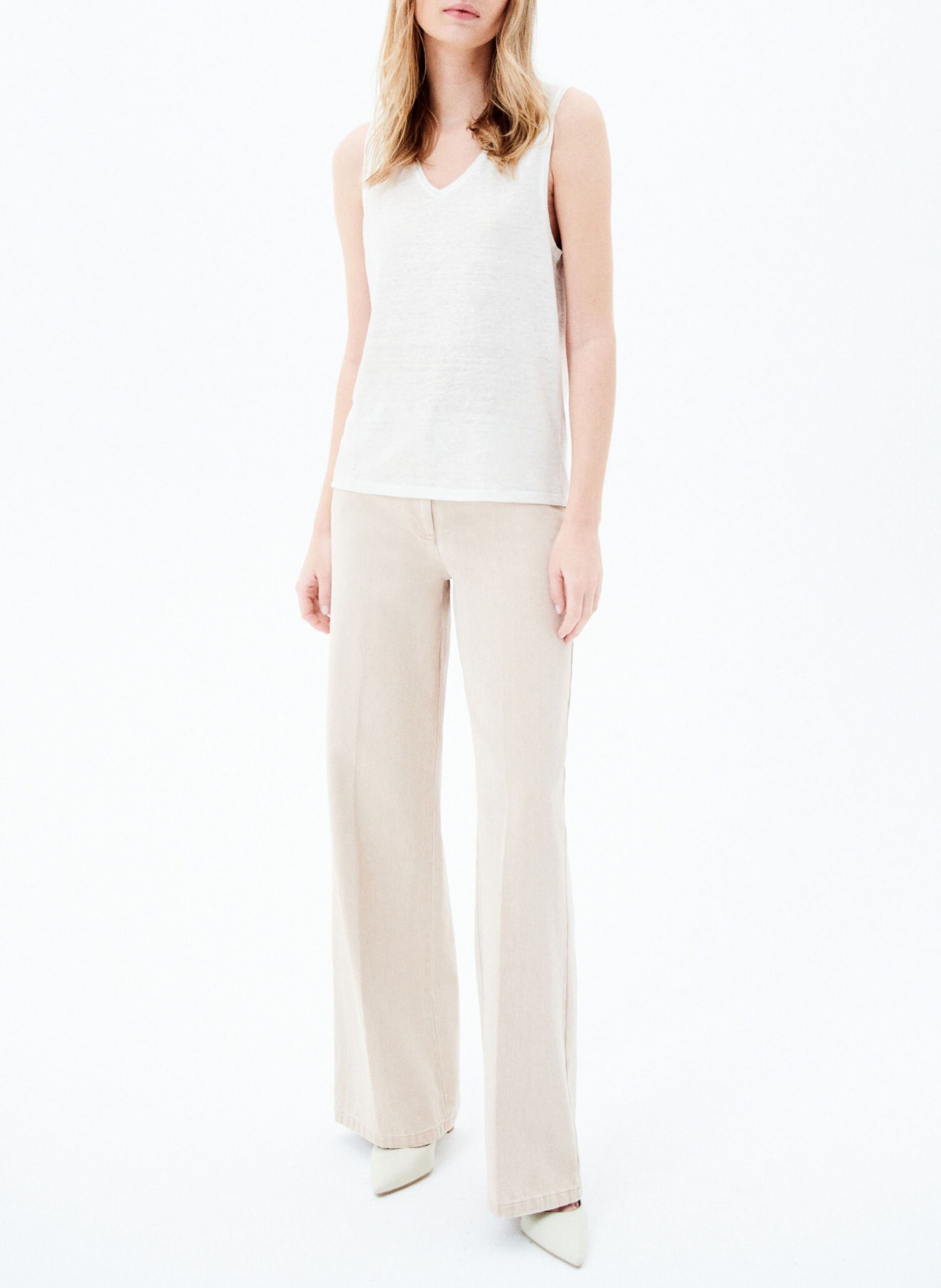 Tee-shirt col v en lin CAROLL Beige