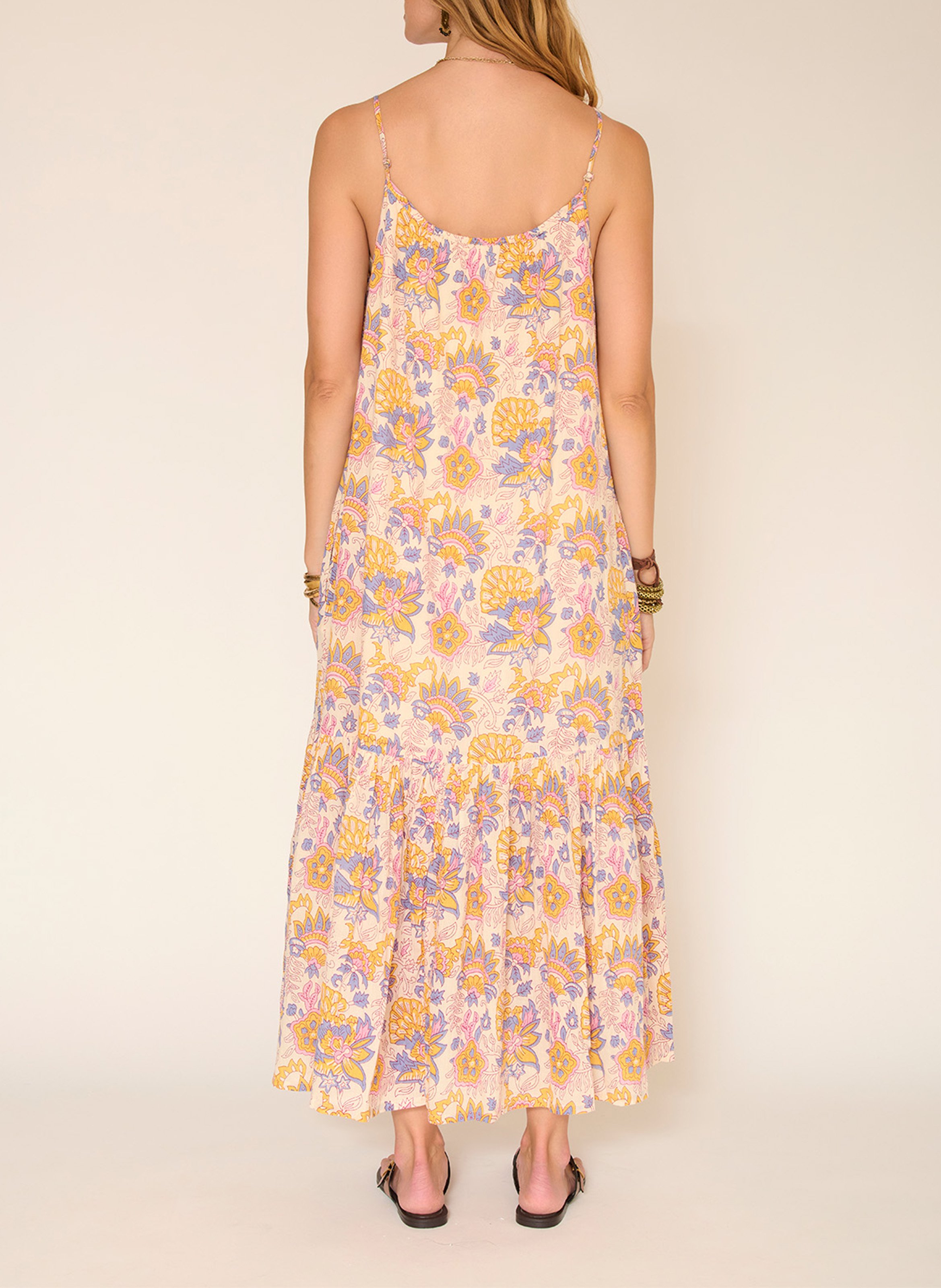 Langes Baumwollkleid mit Rundhalsausschnitt mit Print MKT Beige