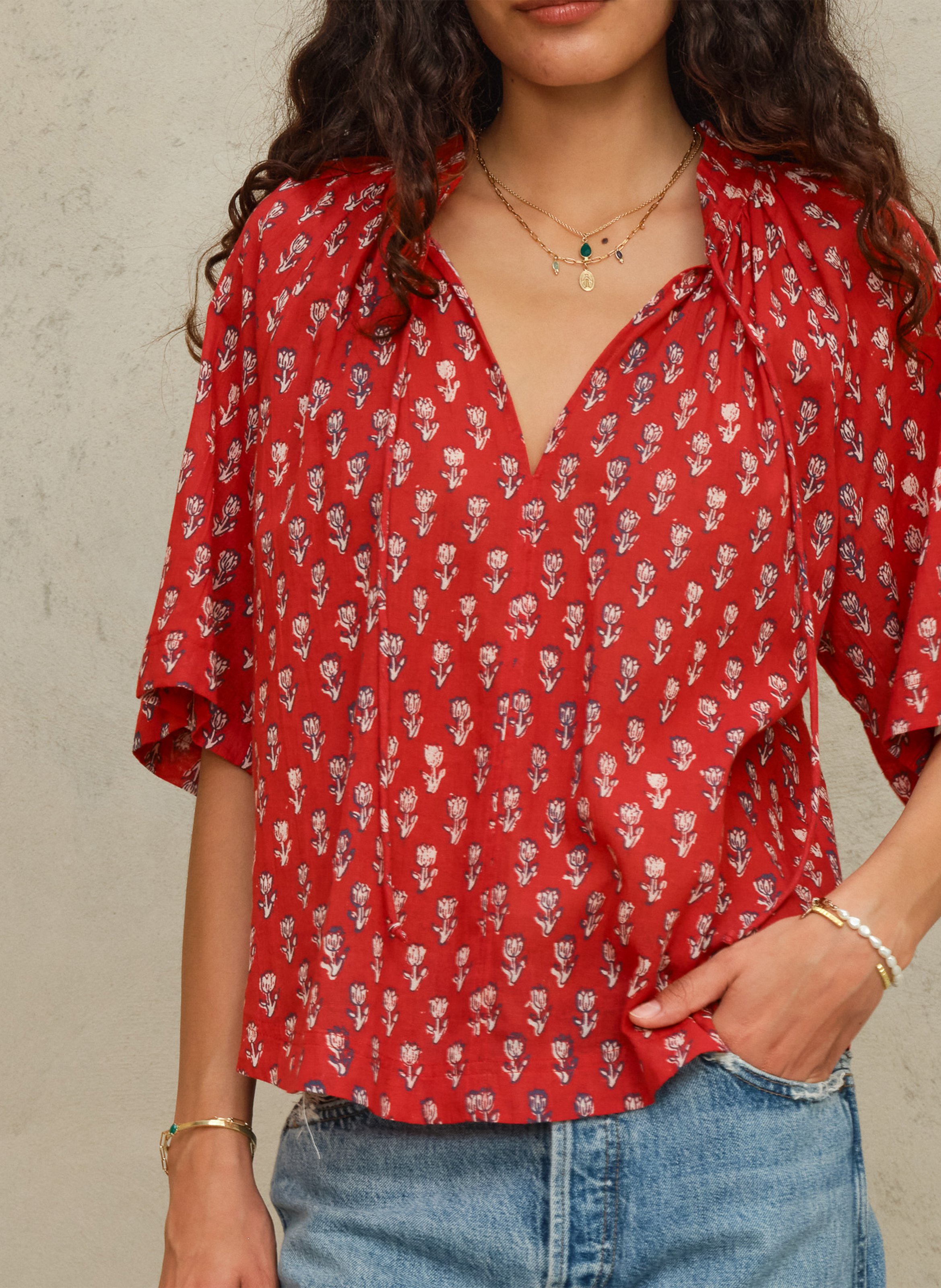 Loose-fitting short-sleeve printed blouse M.A.B.E Red