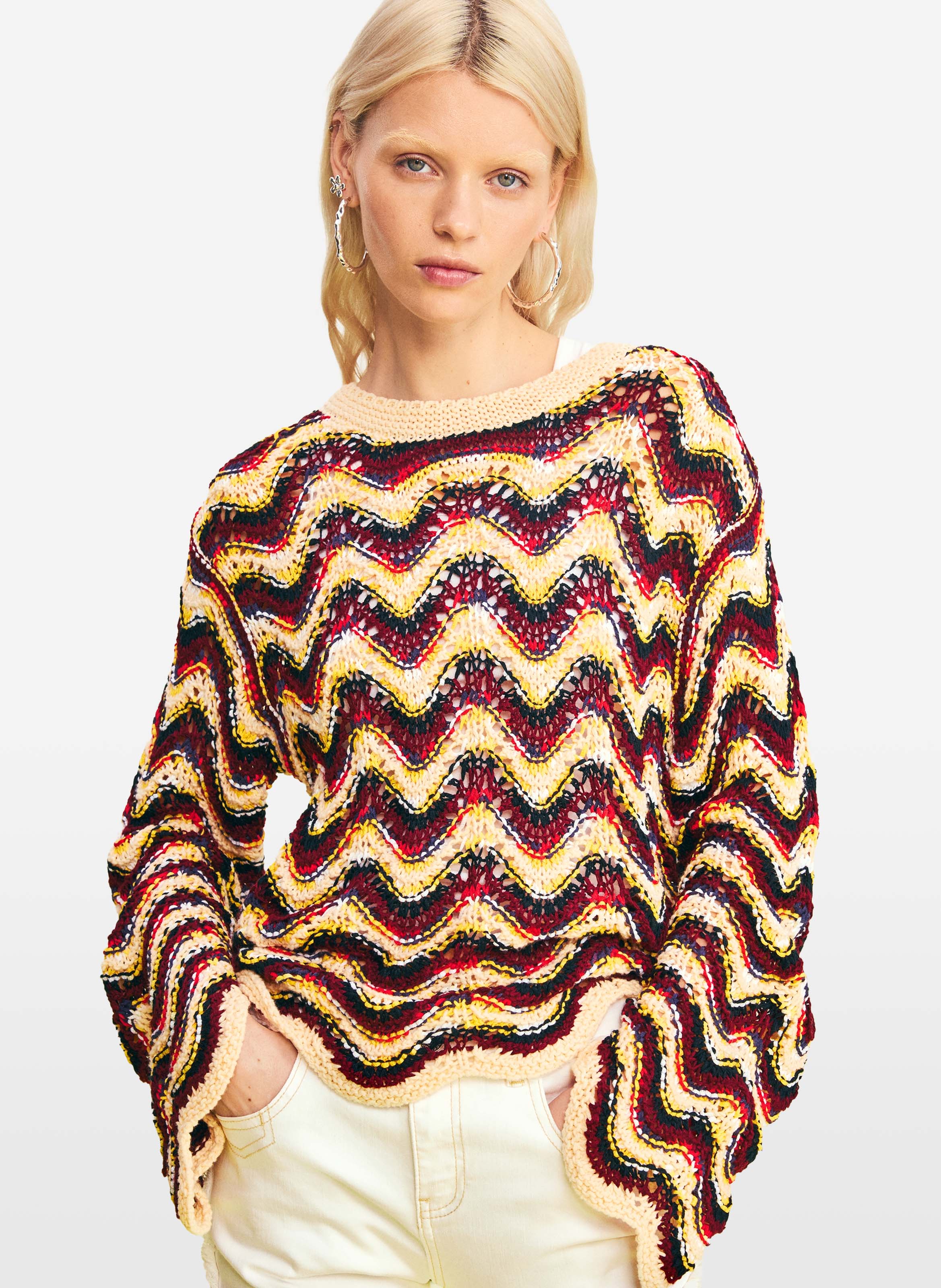 Pull ample col bateau en crochet DESIGUAL Vert