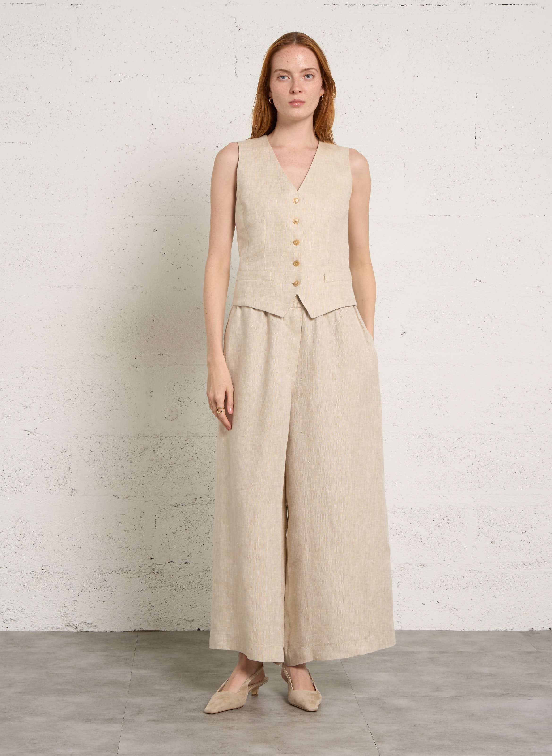 Wijde linnen broek met elastische tailleband MAX MARA WEEK END Beige