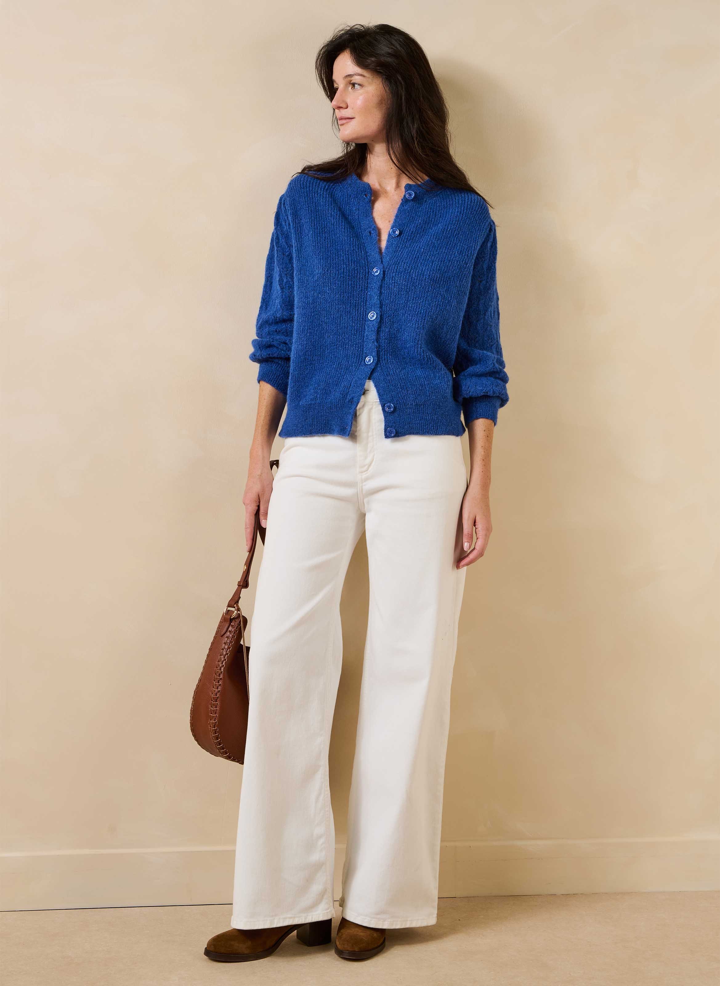 Loose-fit mixed-knit cardigan with round neck LA FEE MARABOUTEE Blue