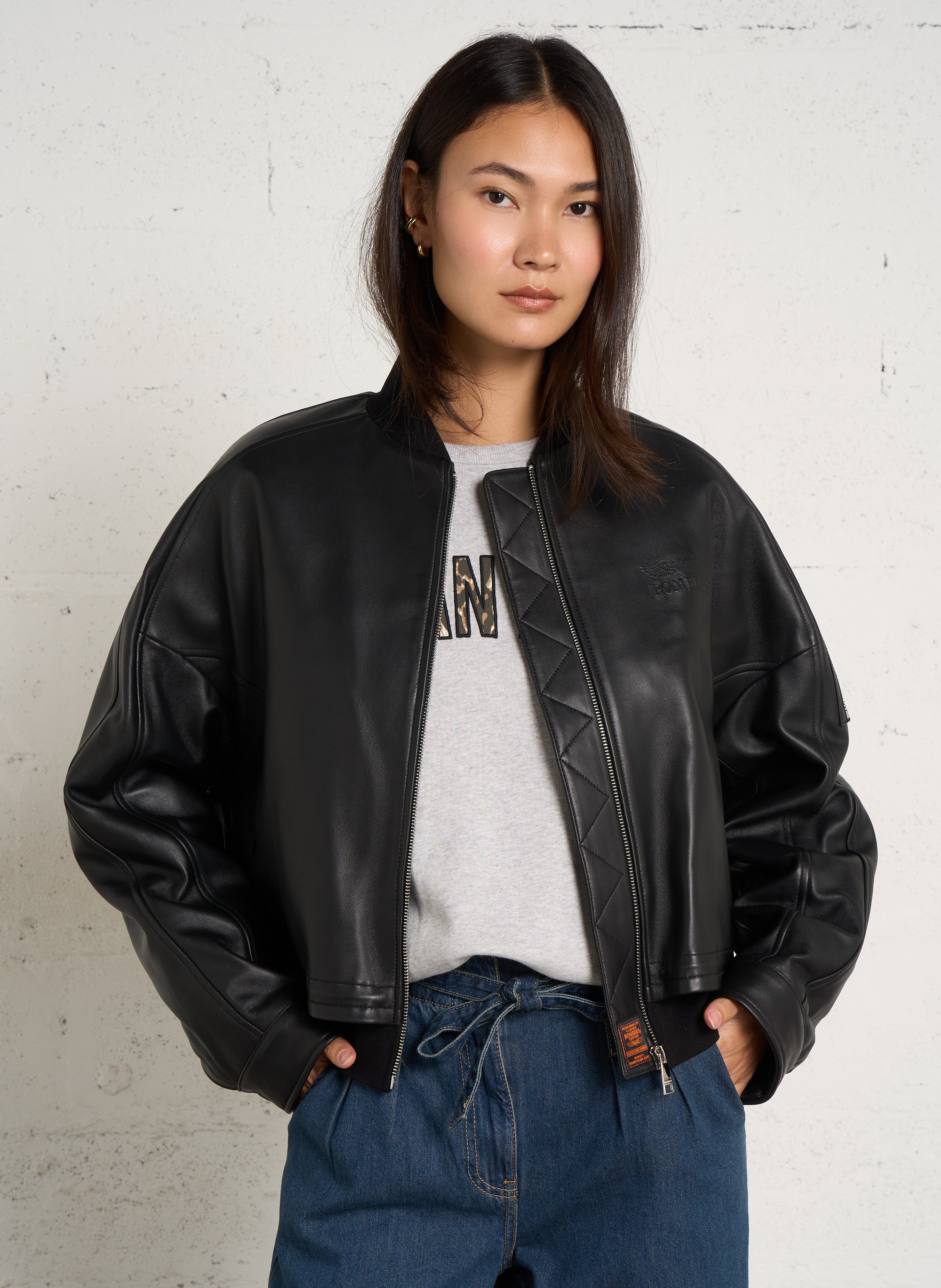 Rechte leren jas met oversized mouwen BOMBERS ORIGINAL Zwart