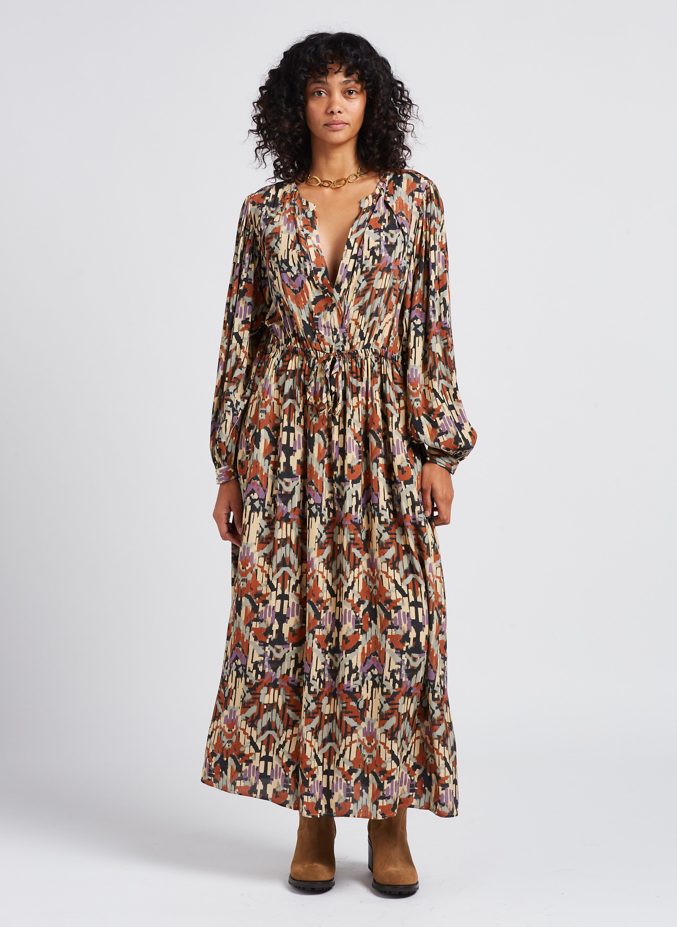 Multicolored Long printed V neck dress