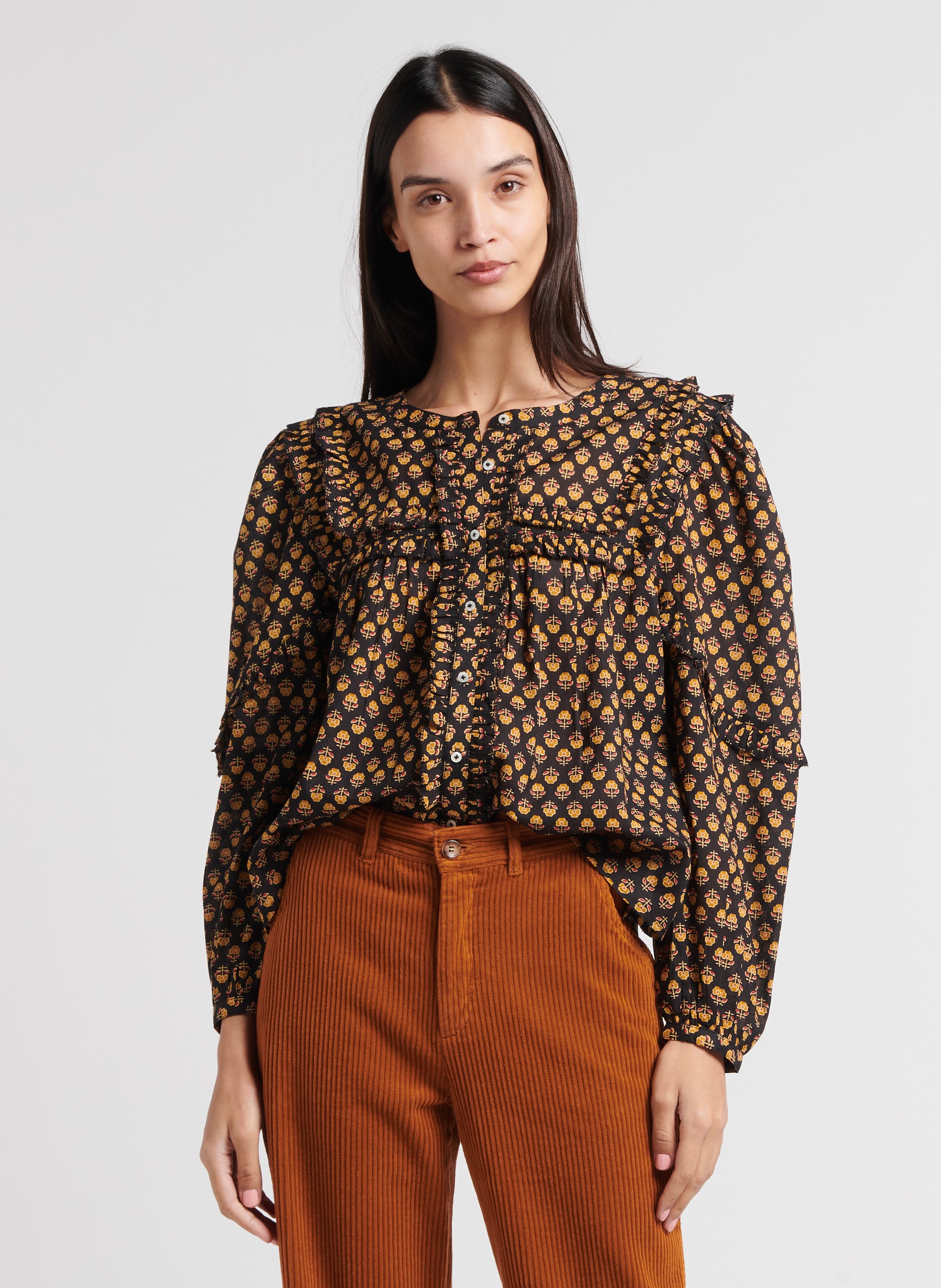 Round neck top with floral print in cotton EMILE ET IDA Black