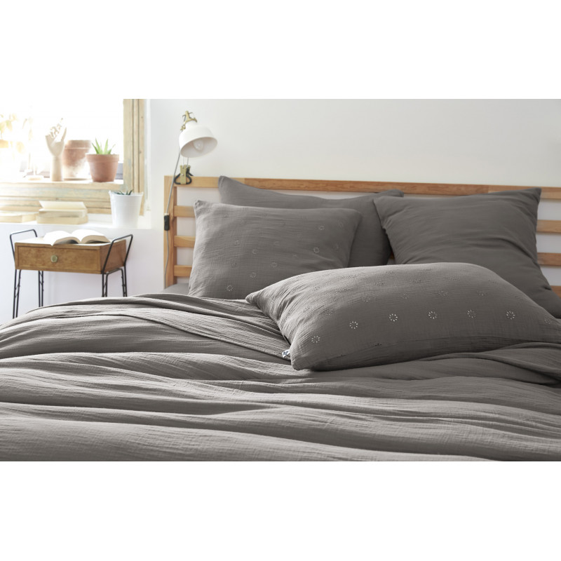 Cotton percale pillow case L'EFFET PAPILLON Grey