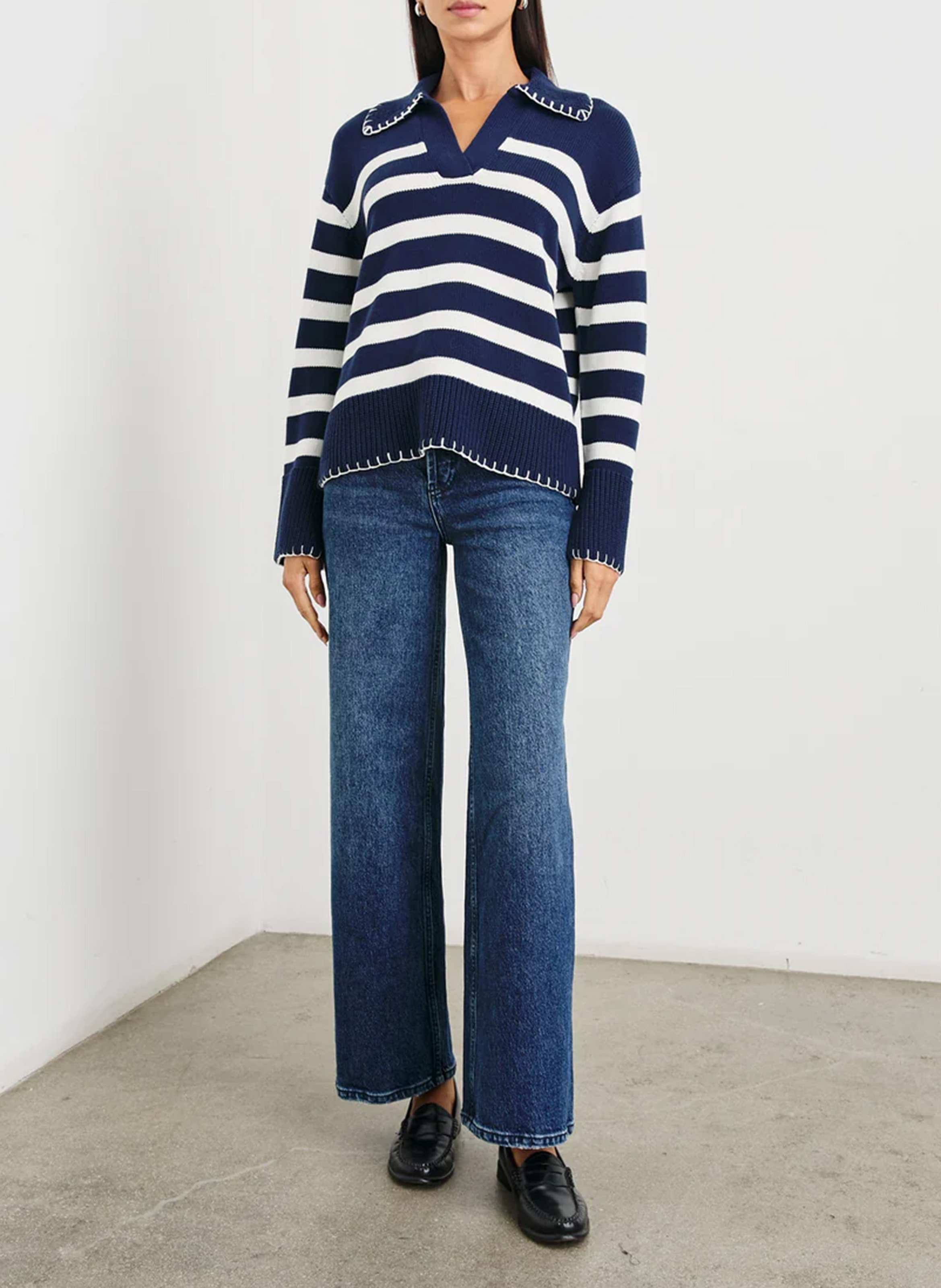 Pull col classique rayé en coton RAILS Bleu