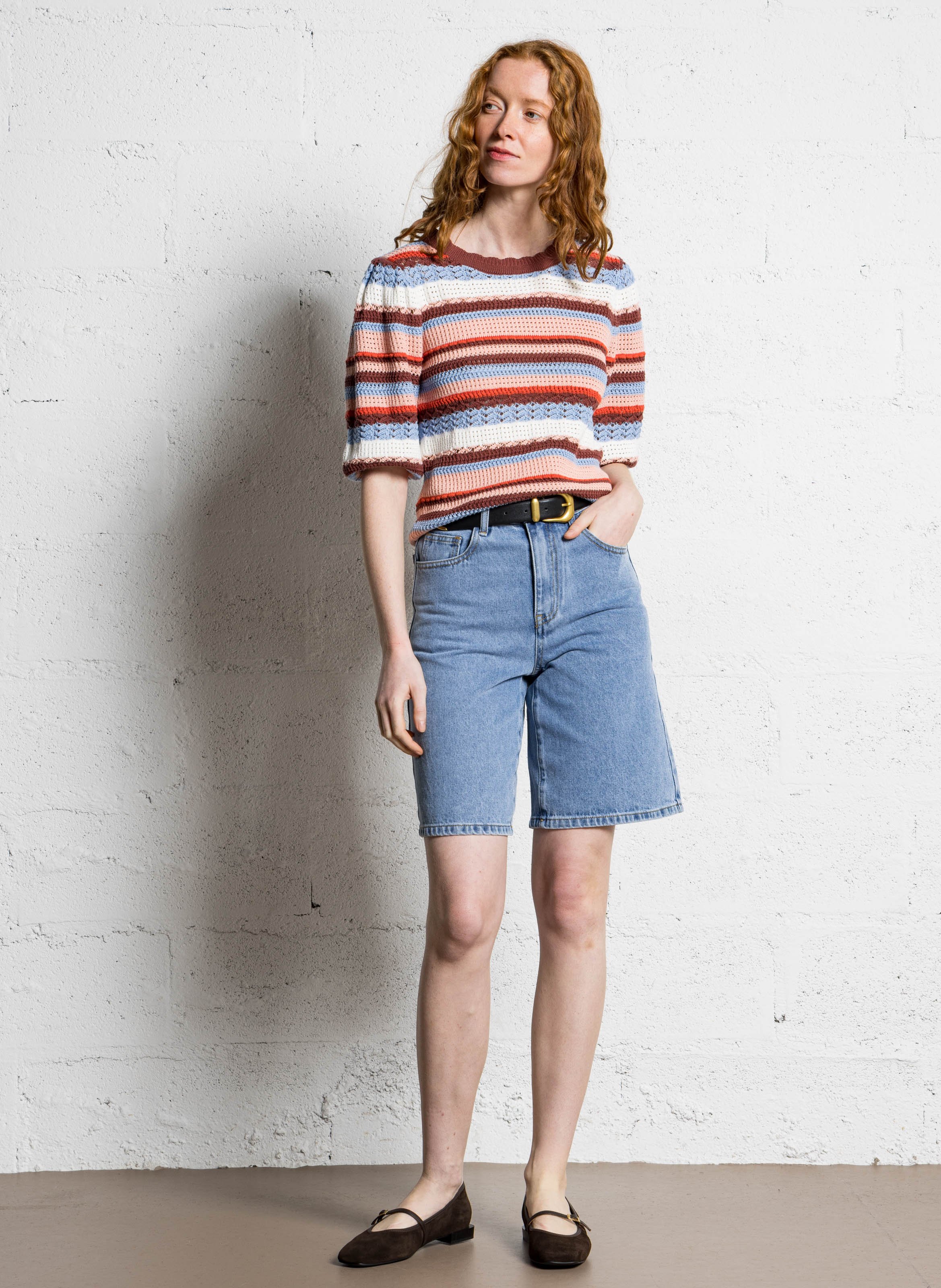 Pull manches courtes rayé en crochet SUNCOO Marron