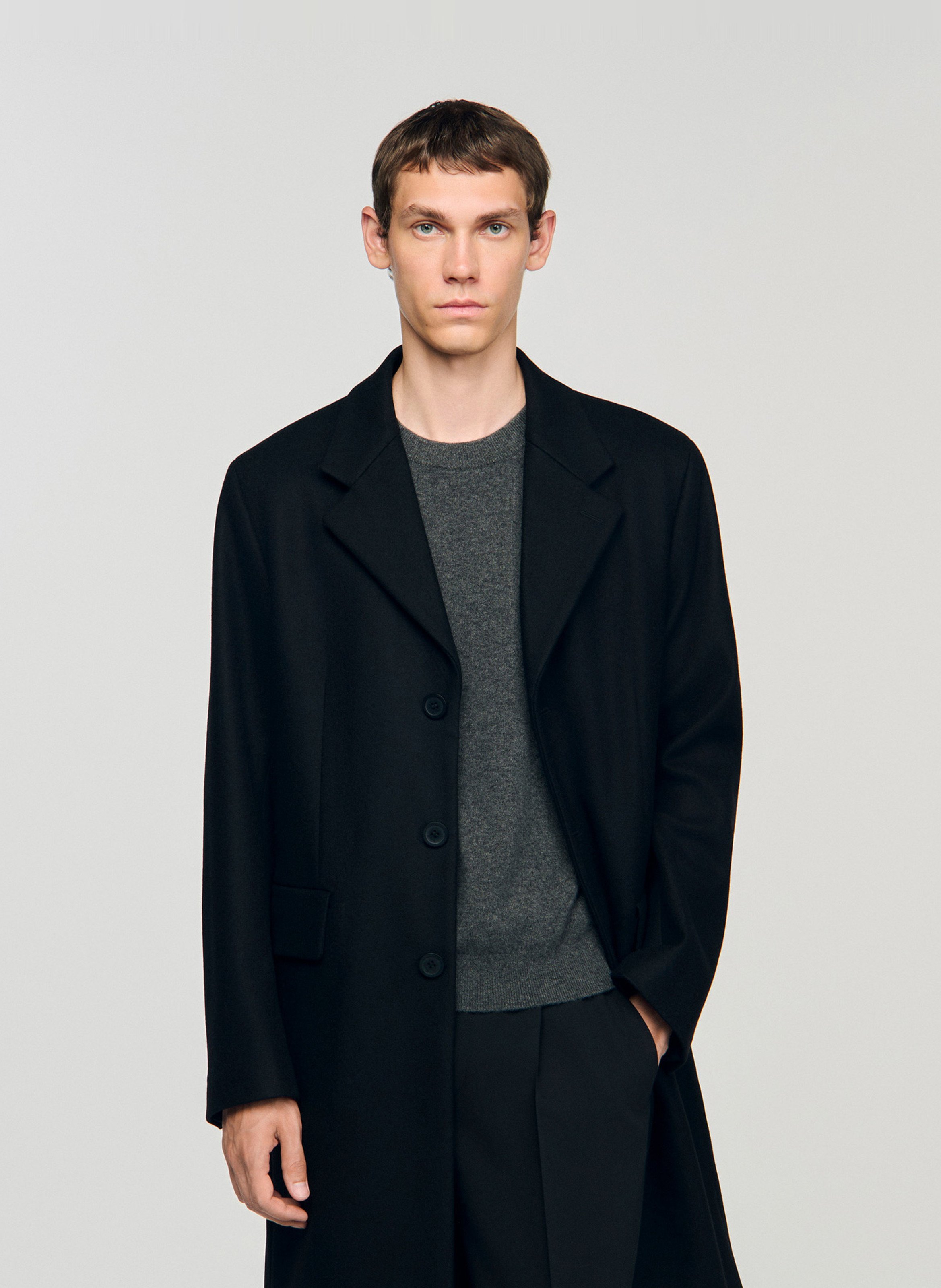 Manteau droit col tailleur en laine mélangée SANDRO Noir