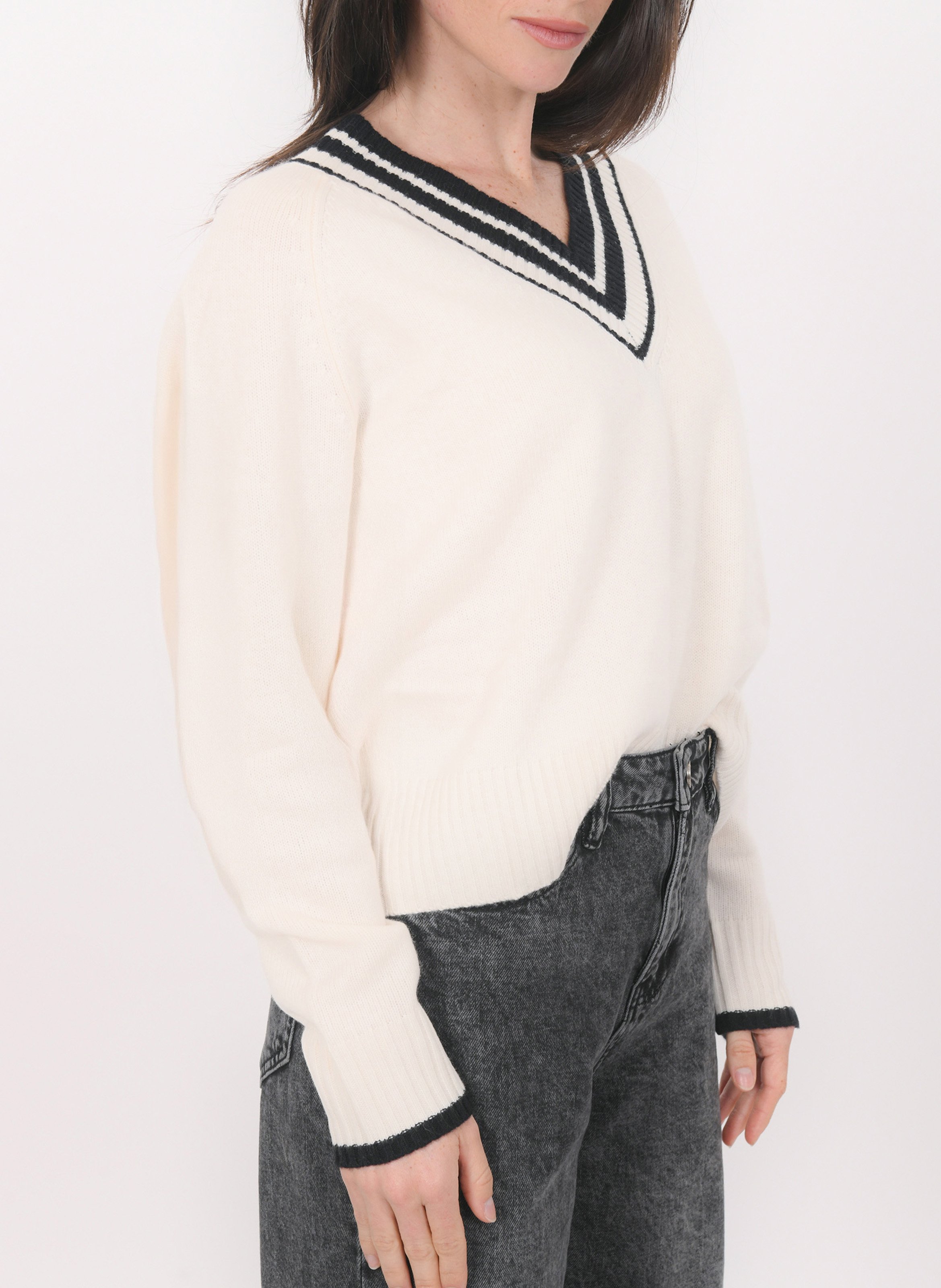 Pull oversize col V en laine et cachemire KOOKAI Blanc