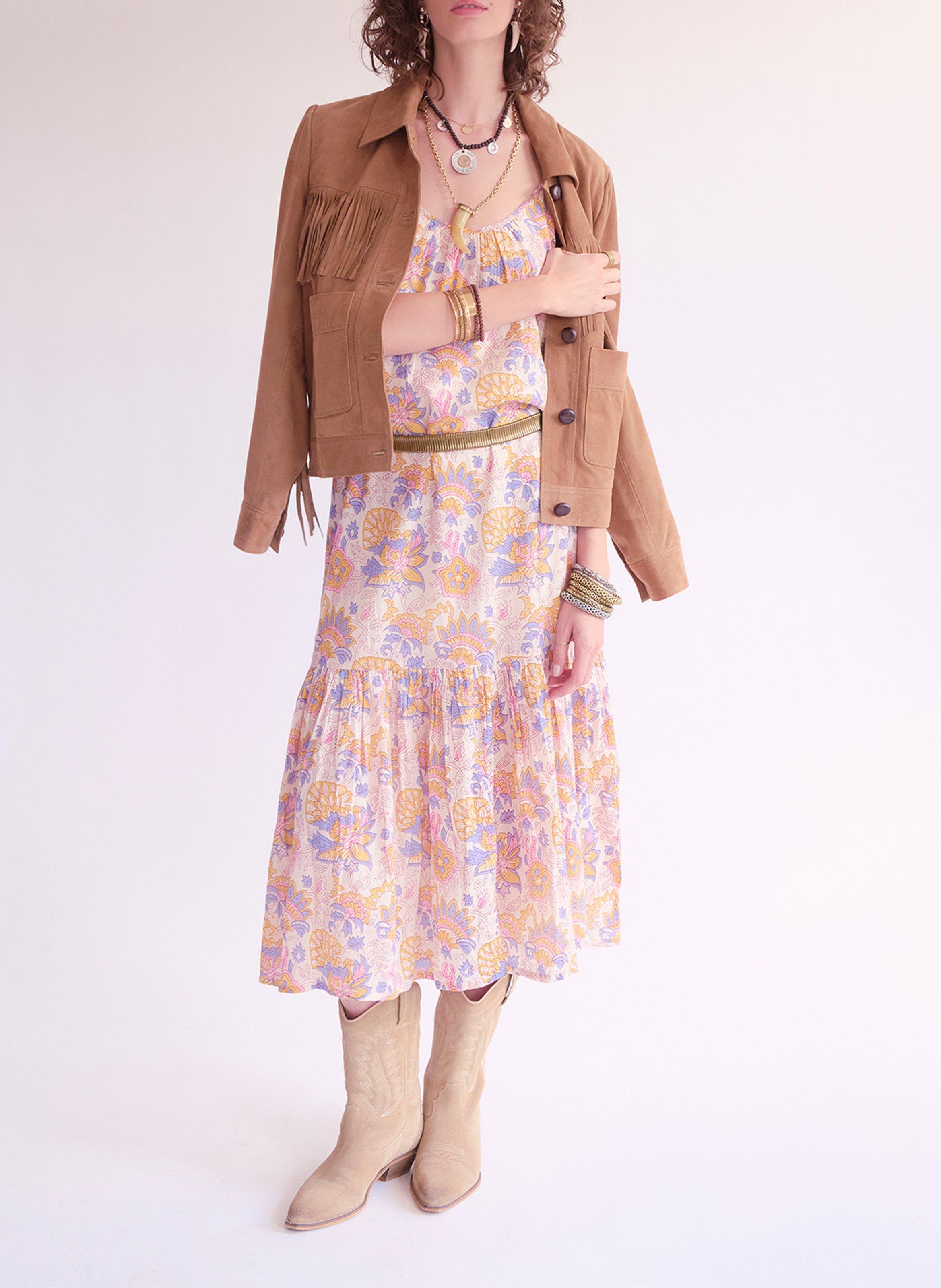 Langes Baumwollkleid mit Rundhalsausschnitt mit Print MKT Beige