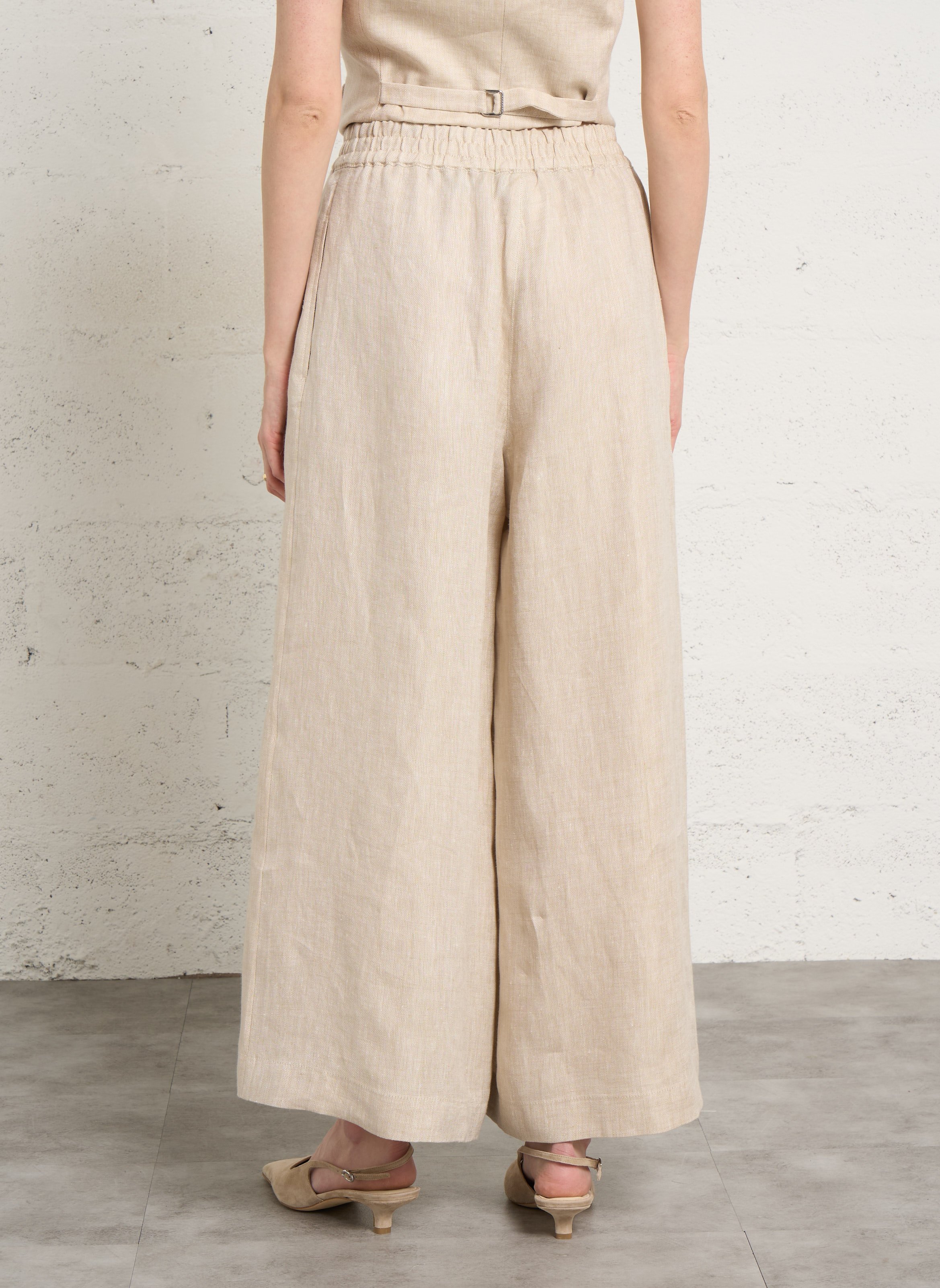 Wijde linnen broek met elastische tailleband MAX MARA WEEK END Beige