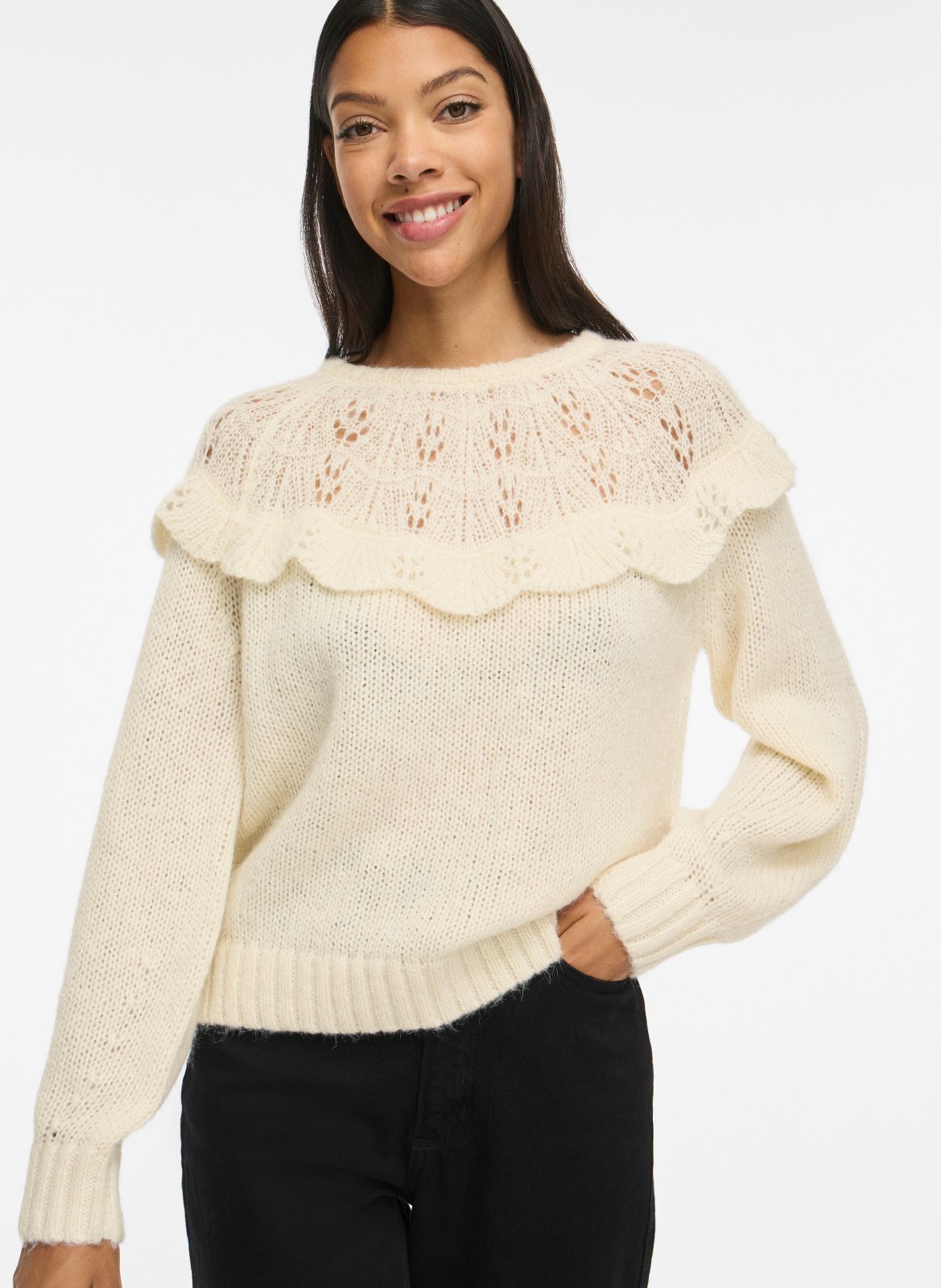 Pull col rond droit uni à volants VILA Beige