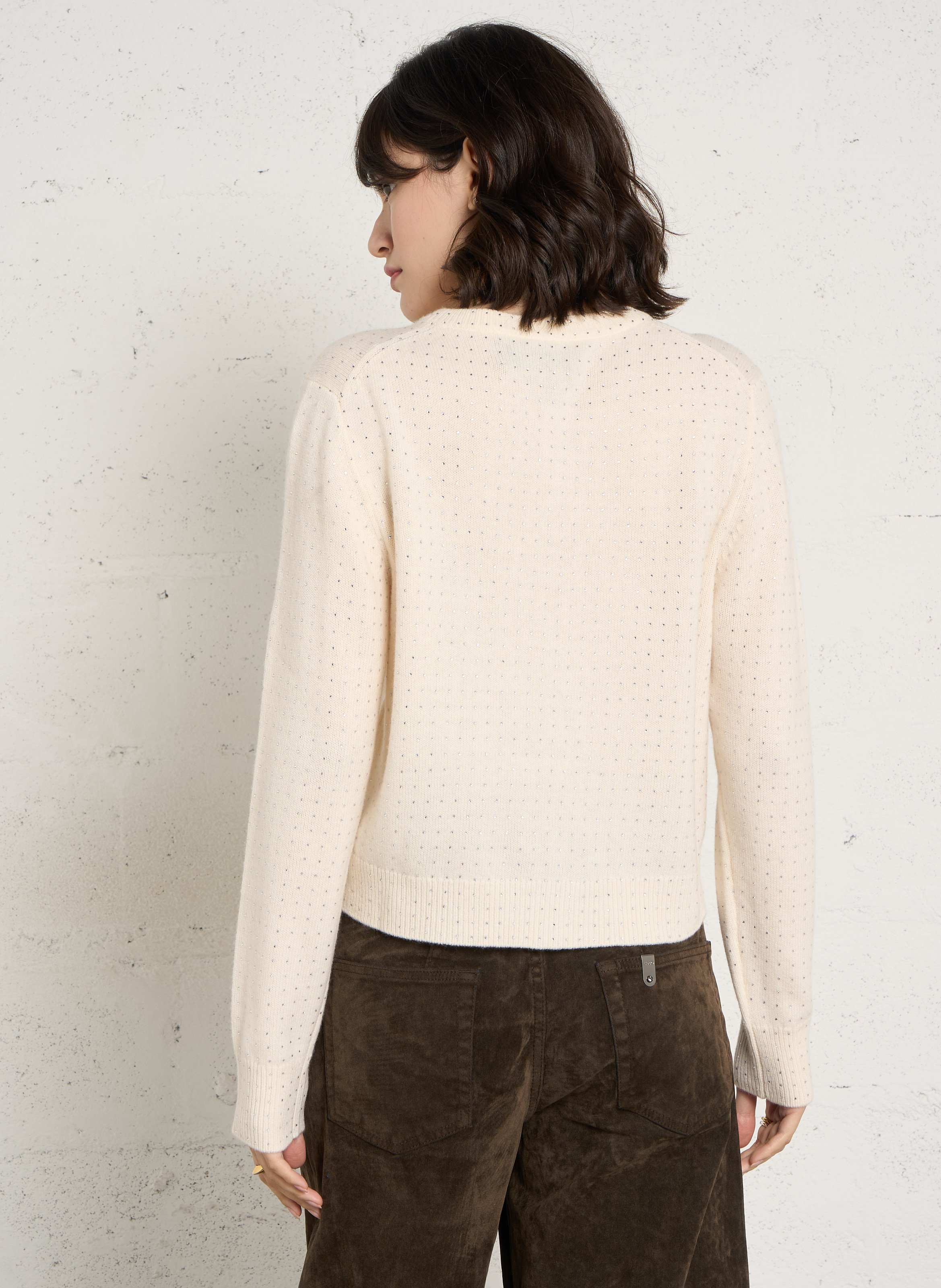 Straight rhinestone-embellished wool cardigan BERENICE White