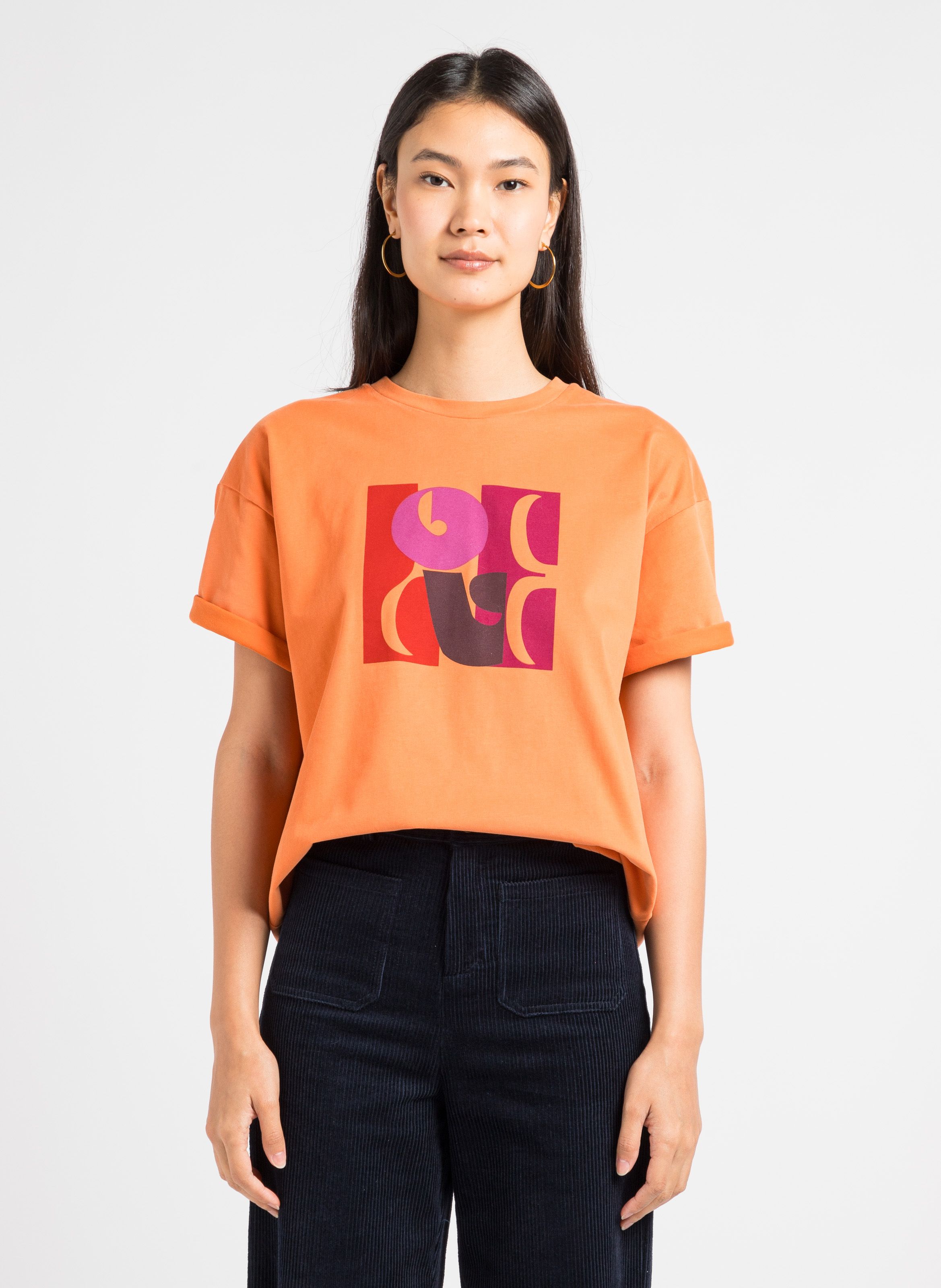 Orange Round neck cotton T shirt with screen print